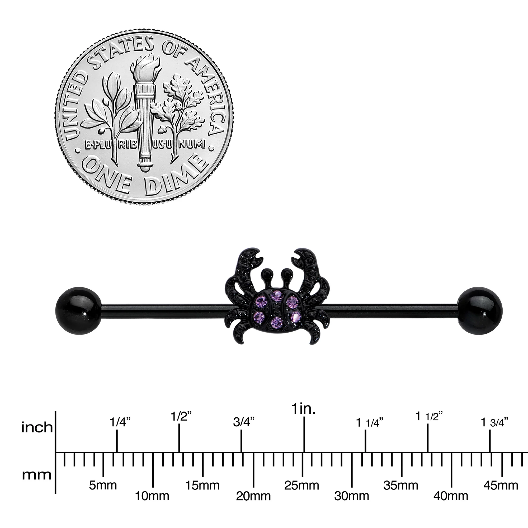 14G Purple Gem Black Chic Crab Industrial Barbell 38mm - Image 3
