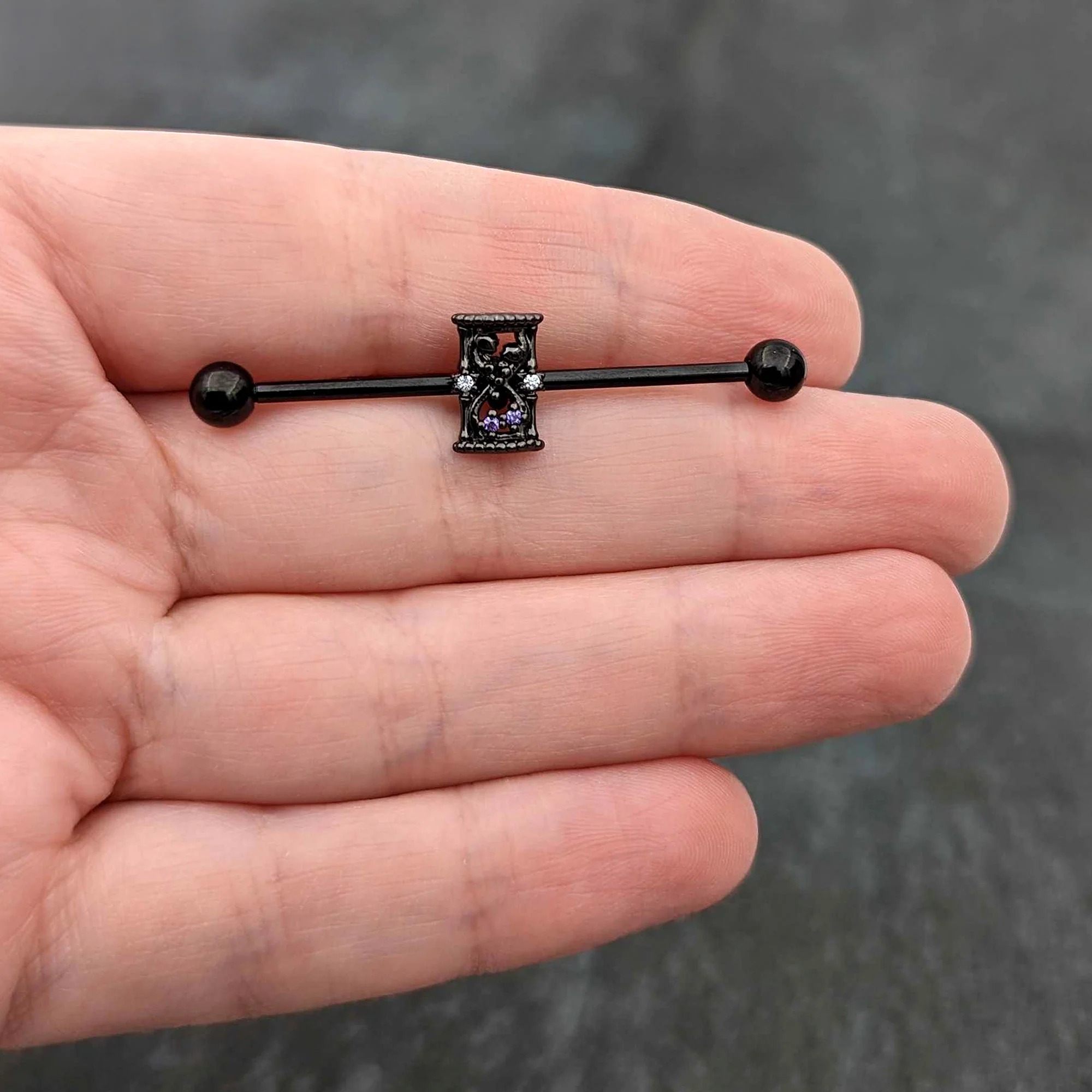14G Purple Gem Black Gothic Hourglass Industrial Barbell 38mm - Image 7