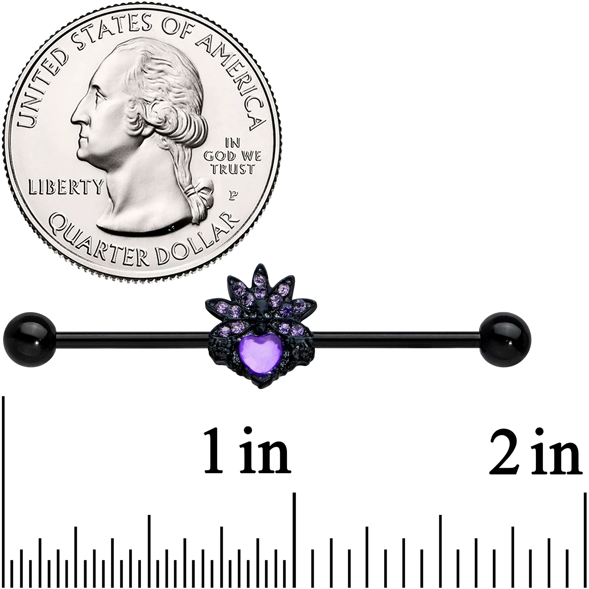 14G Purple Gem Black Skull Blossom Heart Industrial Barbell 38mm - Image 2