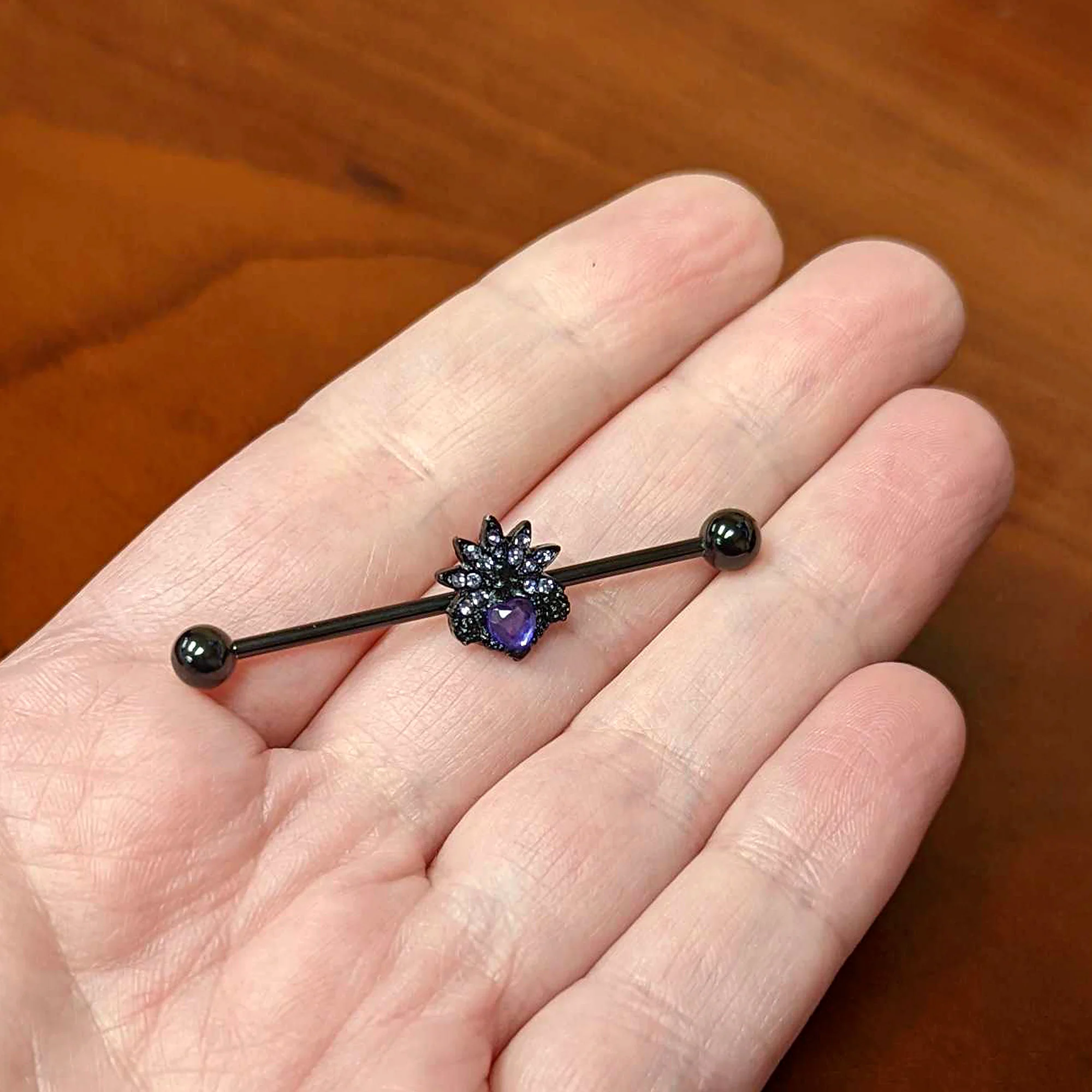 14G Purple Gem Black Skull Blossom Heart Industrial Barbell 38mm - Image 3