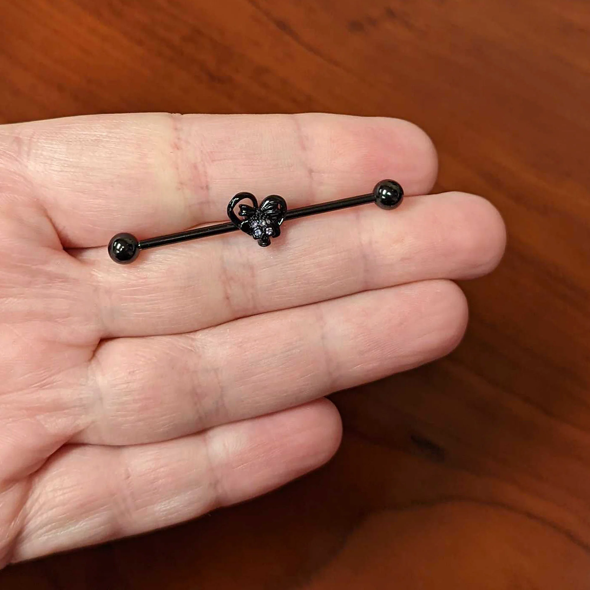 14G Purple Gem Black Skull Bow Heart Industrial Barbell 38mm - Image 3