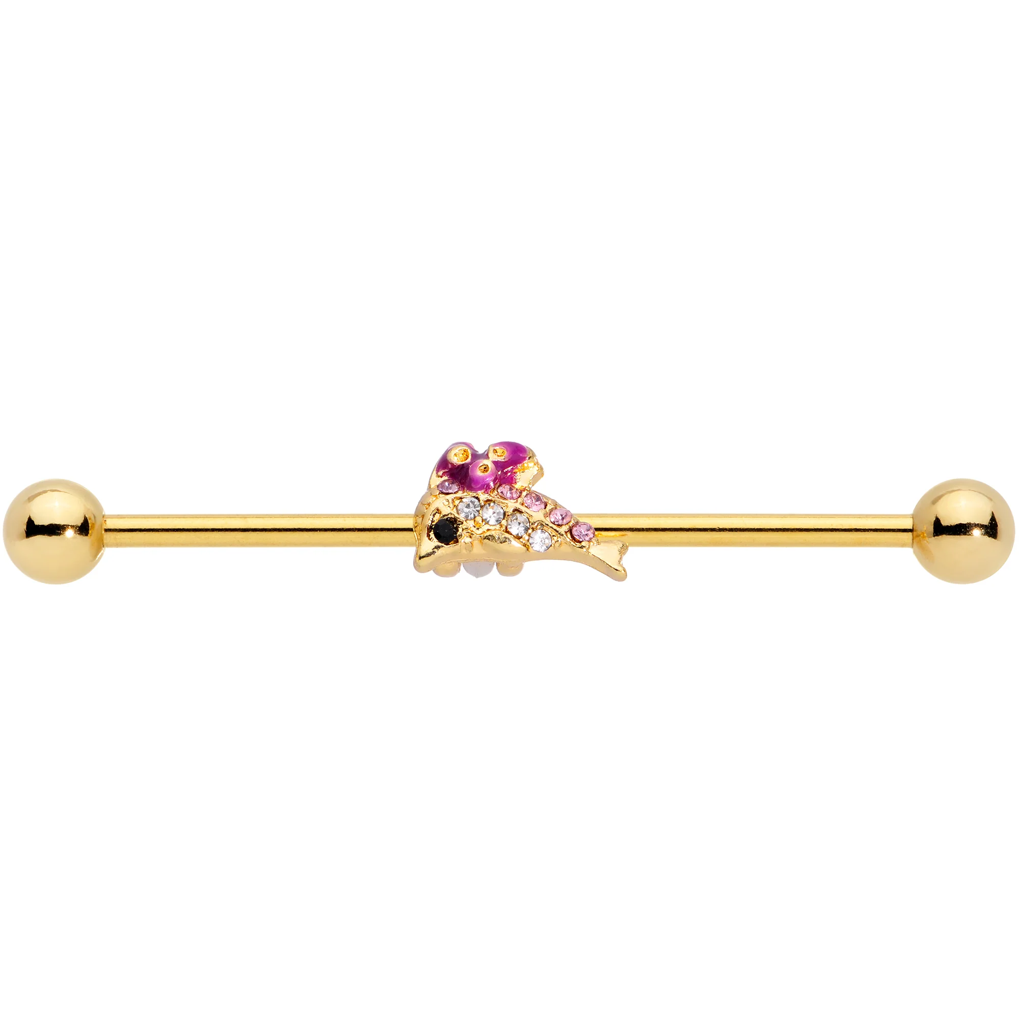 14G Purple Gem Gold Tone Dainty Dolphin Industrial Barbell 38mm - Image 2
