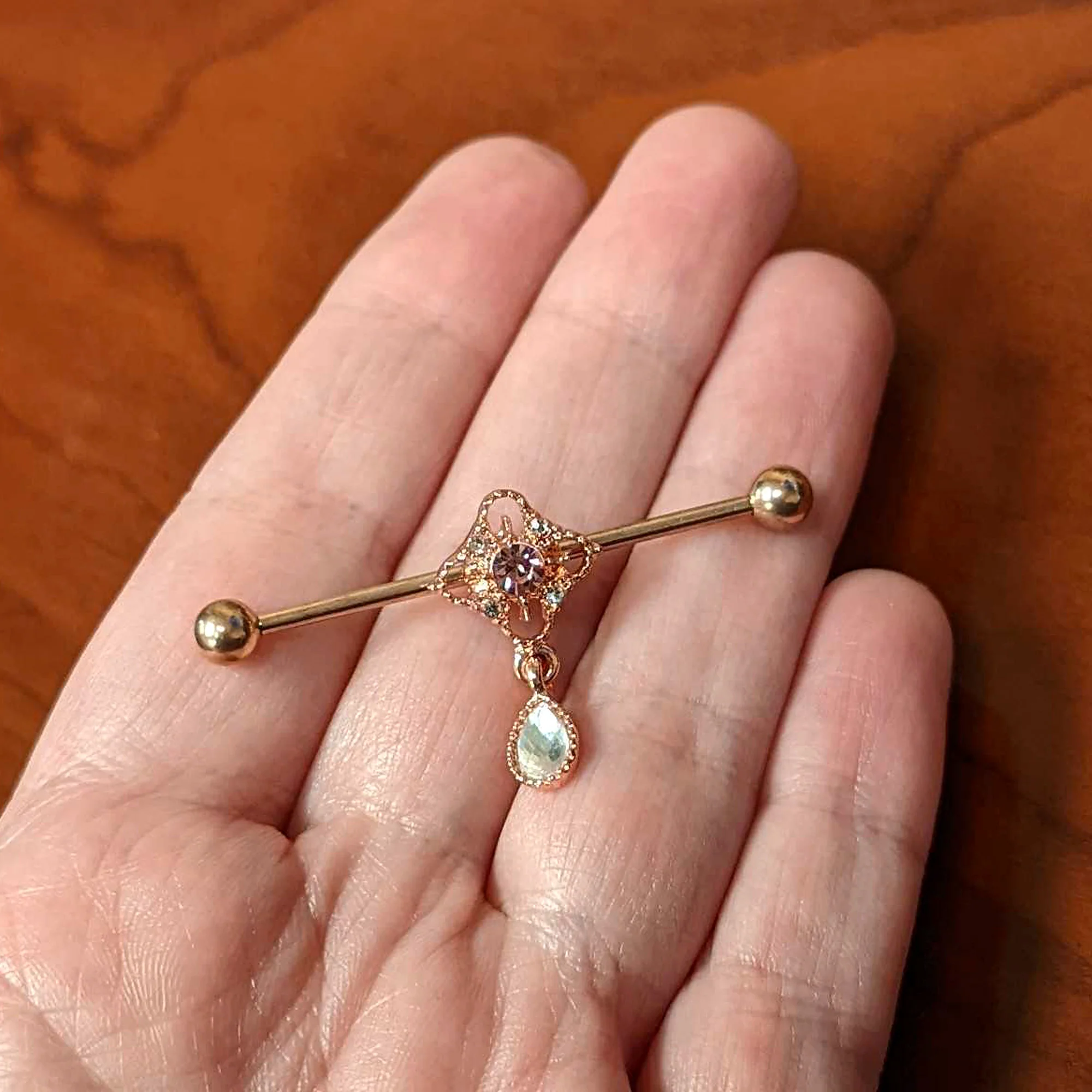 14G Purple Gem Rose Gold Hue Cross Dangle Industrial Barbell 38mm - Image 3