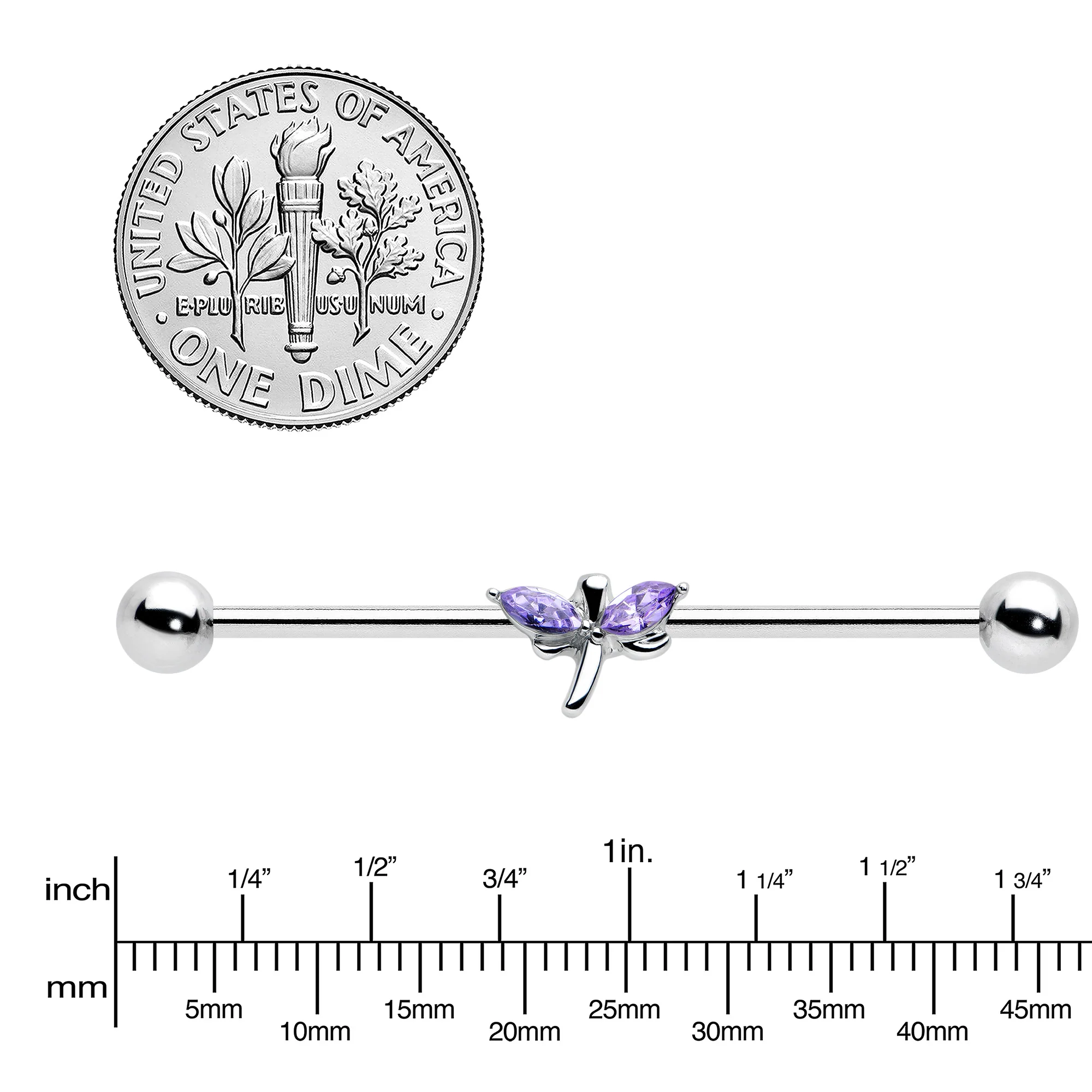 14G Purple Gem Simple Stylized Dragonfly Industrial Barbell 38mm - Image 3