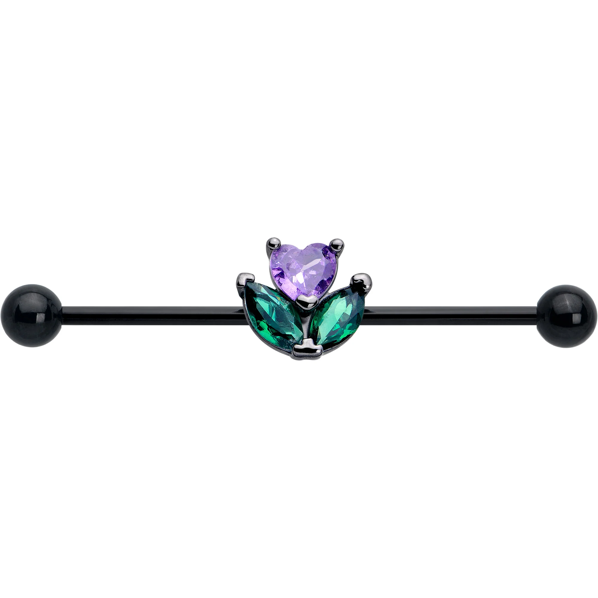 14G Purple Green CZ Gem Black Love Flower Industrial Barbell 38mm - Image 3