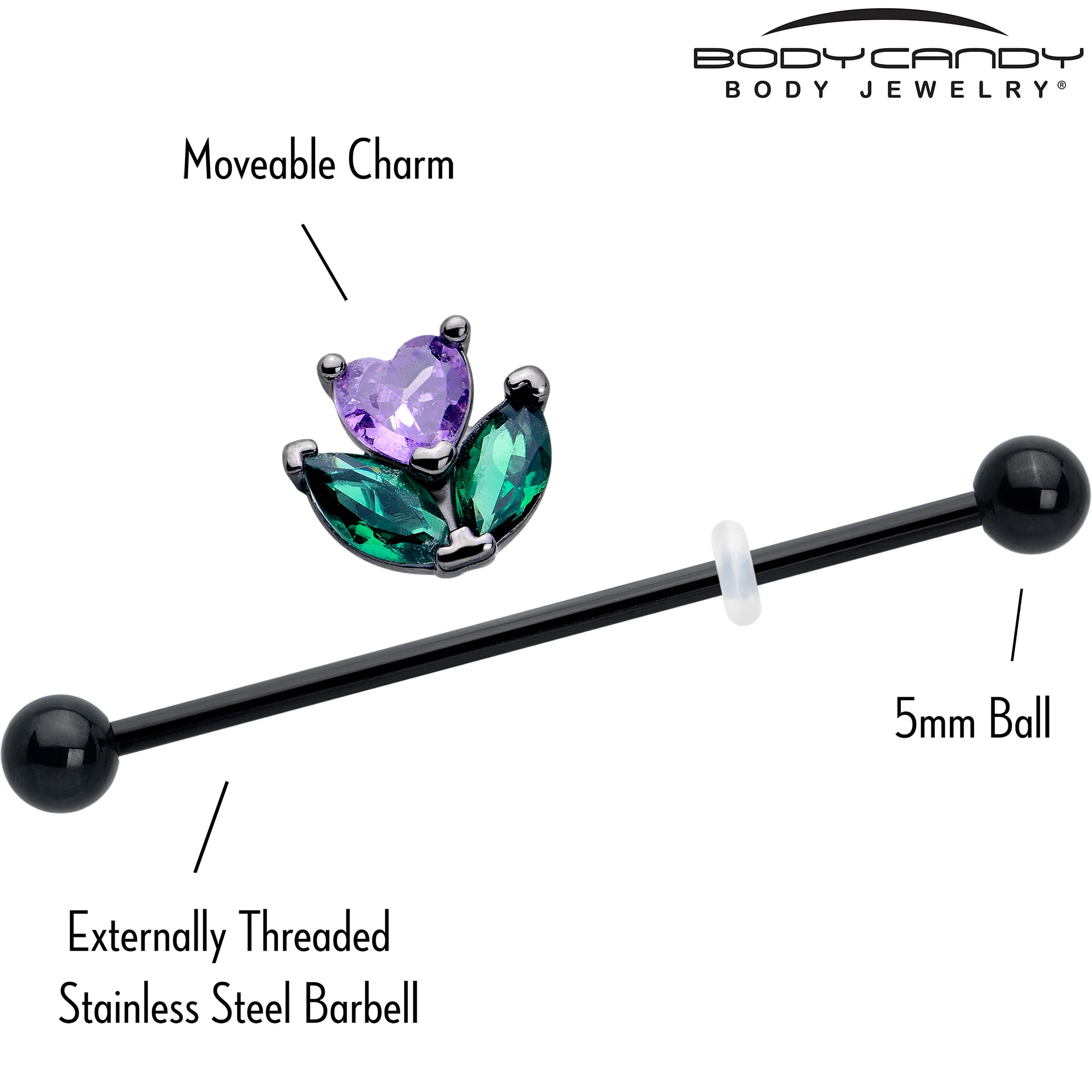 14G Purple Green CZ Gem Black Love Flower Industrial Barbell 38mm - Image 4