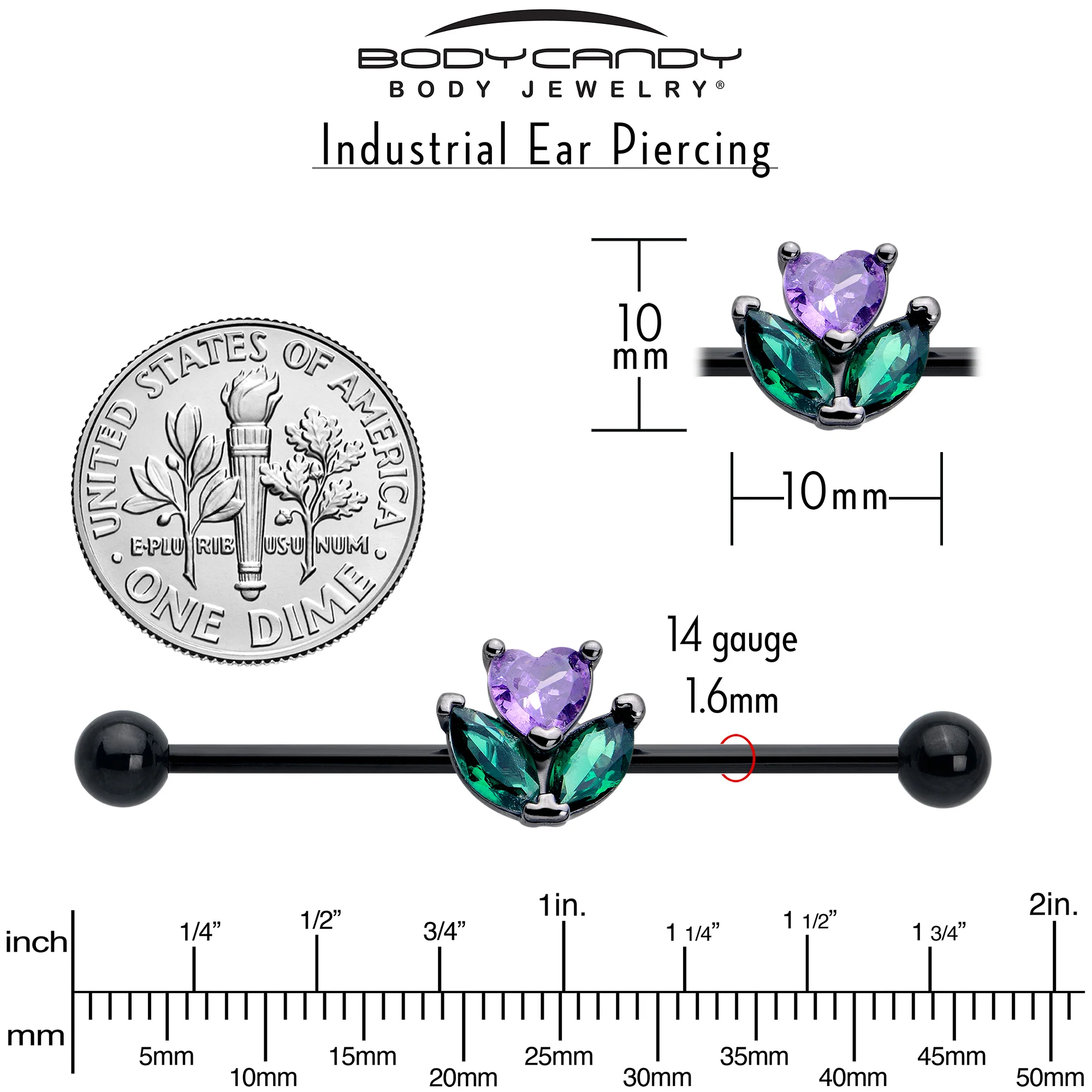 14G Purple Green CZ Gem Black Love Flower Industrial Barbell 38mm - Image 5