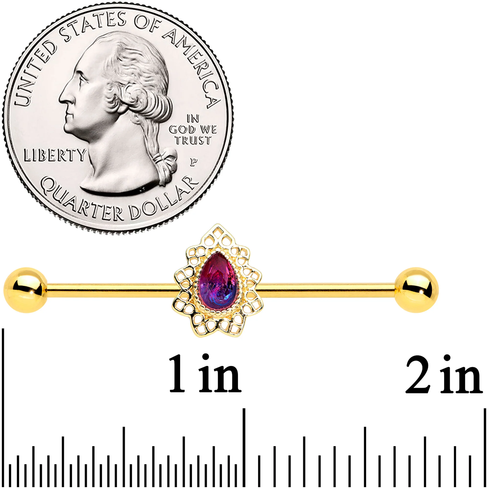 14G Purple Tourmaline Gold Tone Drop Industrial Barbell 38mm - Image 2