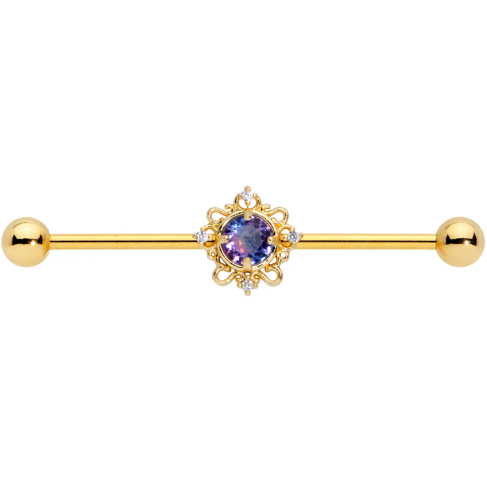 14G Purple Tourmaline Gold Tone Filigree Industrial Barbell 38mm - Image 2
