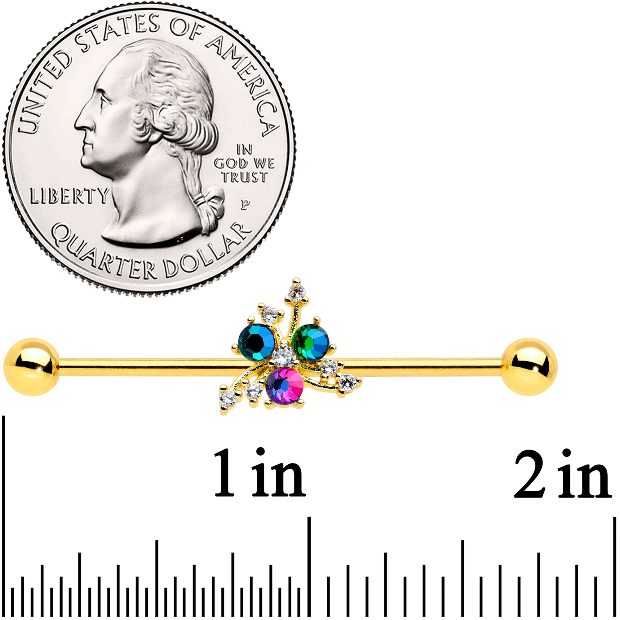 14G Purple Tourmaline Gold Tone Spray Industrial Barbell 38mm - Image 2