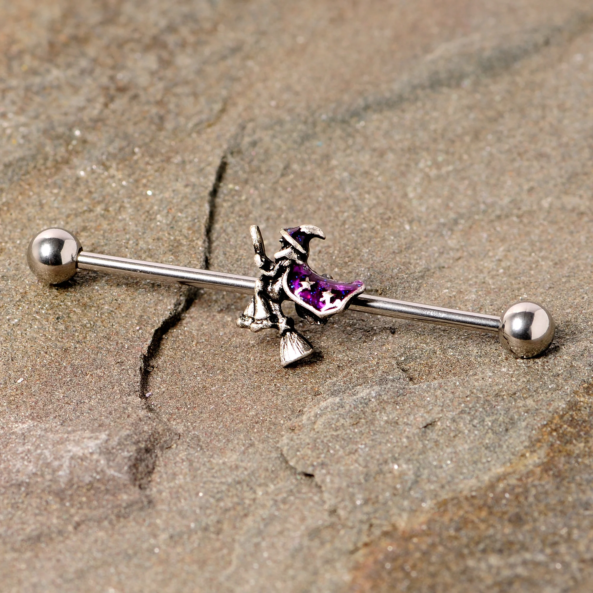14G Purple Witch Broom Halloween Industrial Barbell 38mm - Image 2