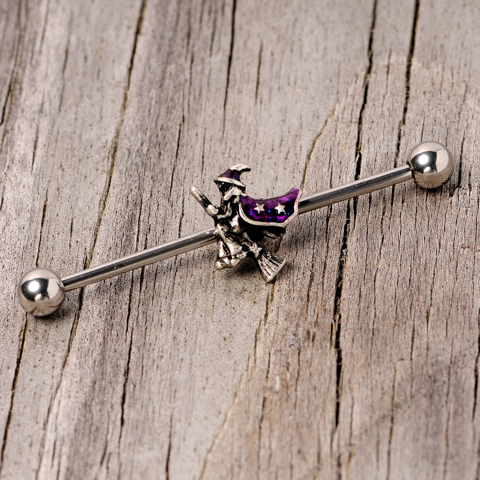 14G Purple Witch Broom Halloween Industrial Barbell 38mm - Image 3
