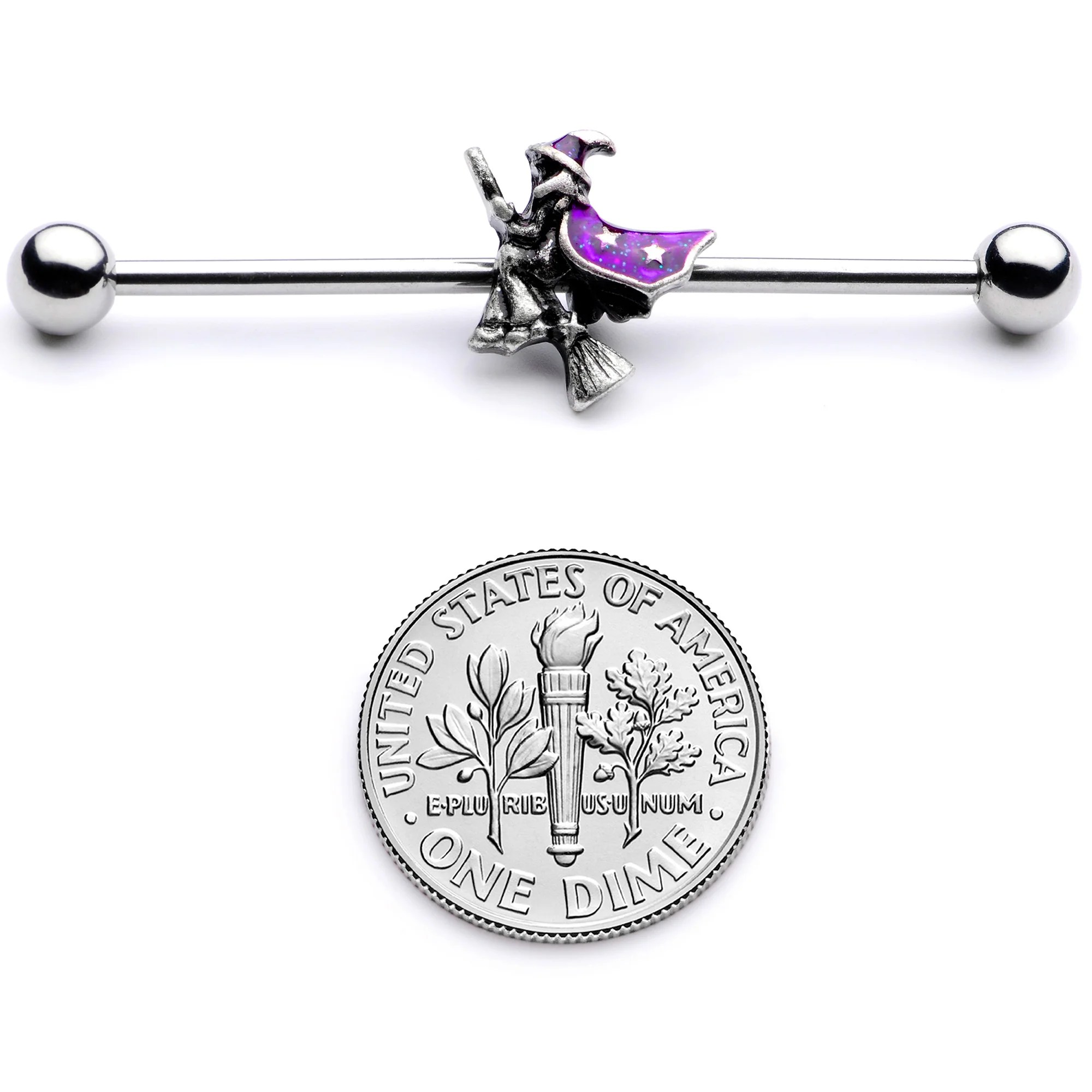 14G Purple Witch Broom Halloween Industrial Barbell 38mm - Image 4