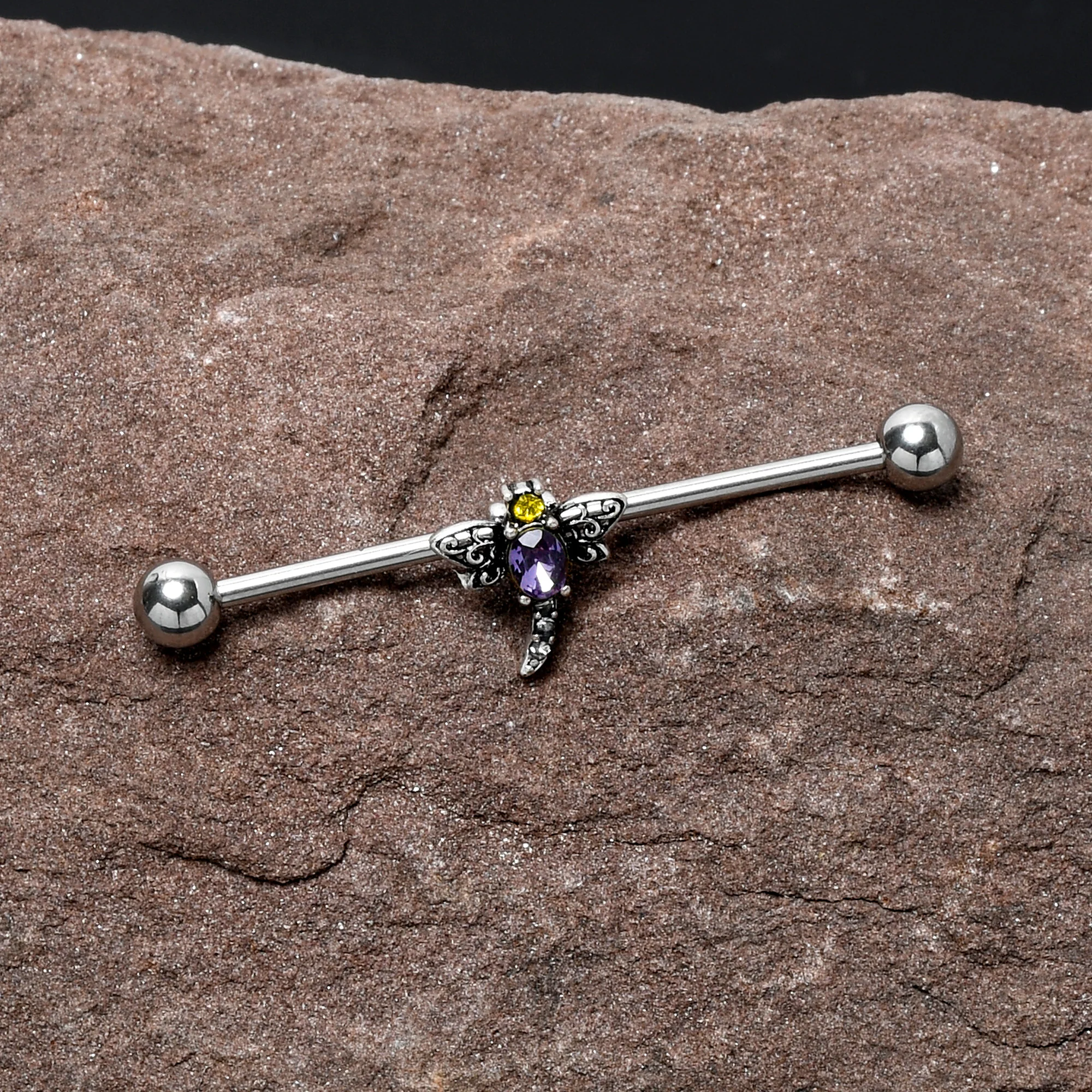 14G Purple Yellow Gem Dragonfly Industrial Barbell 38mm - Image 2