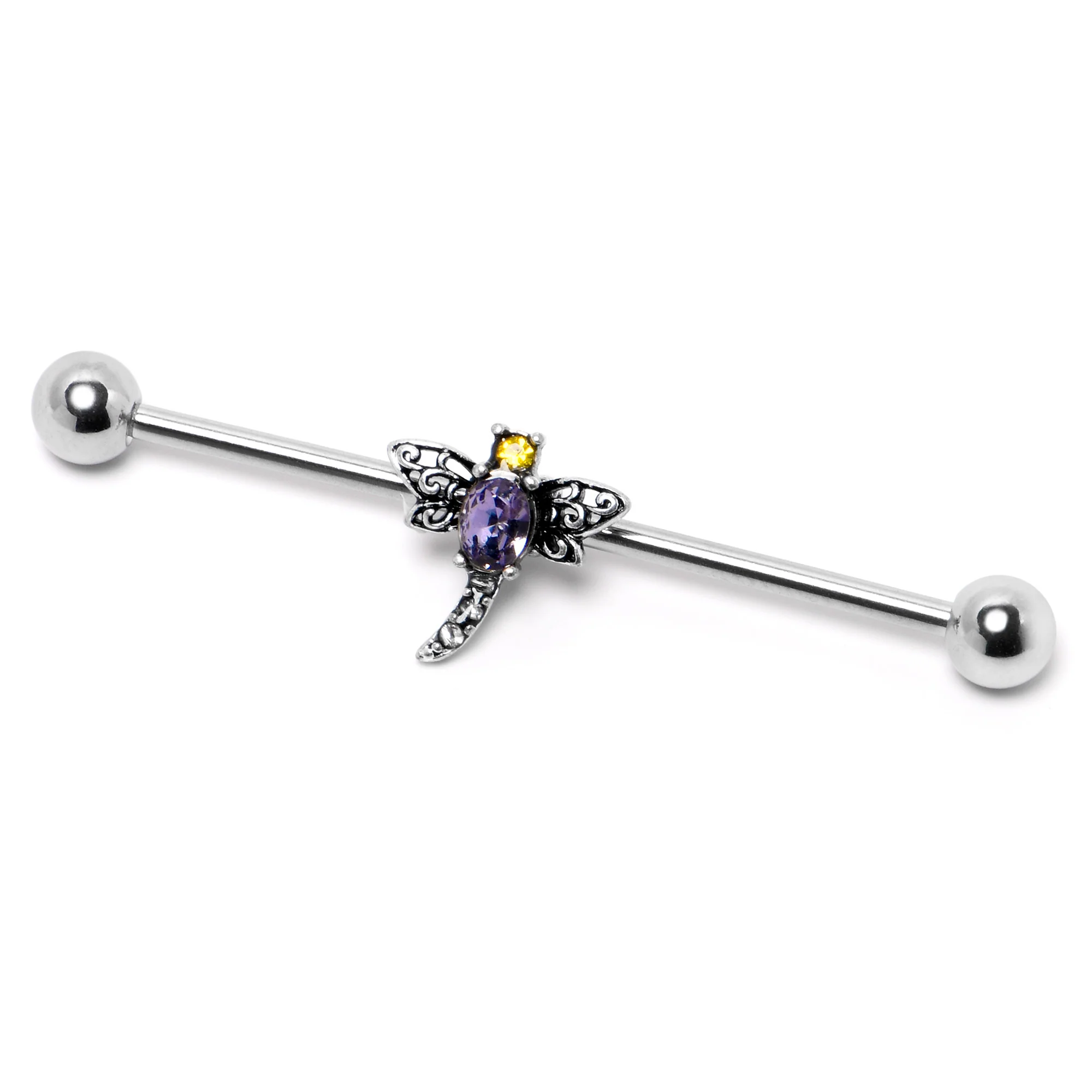 14G Purple Yellow Gem Dragonfly Industrial Barbell 38mm - Image 3