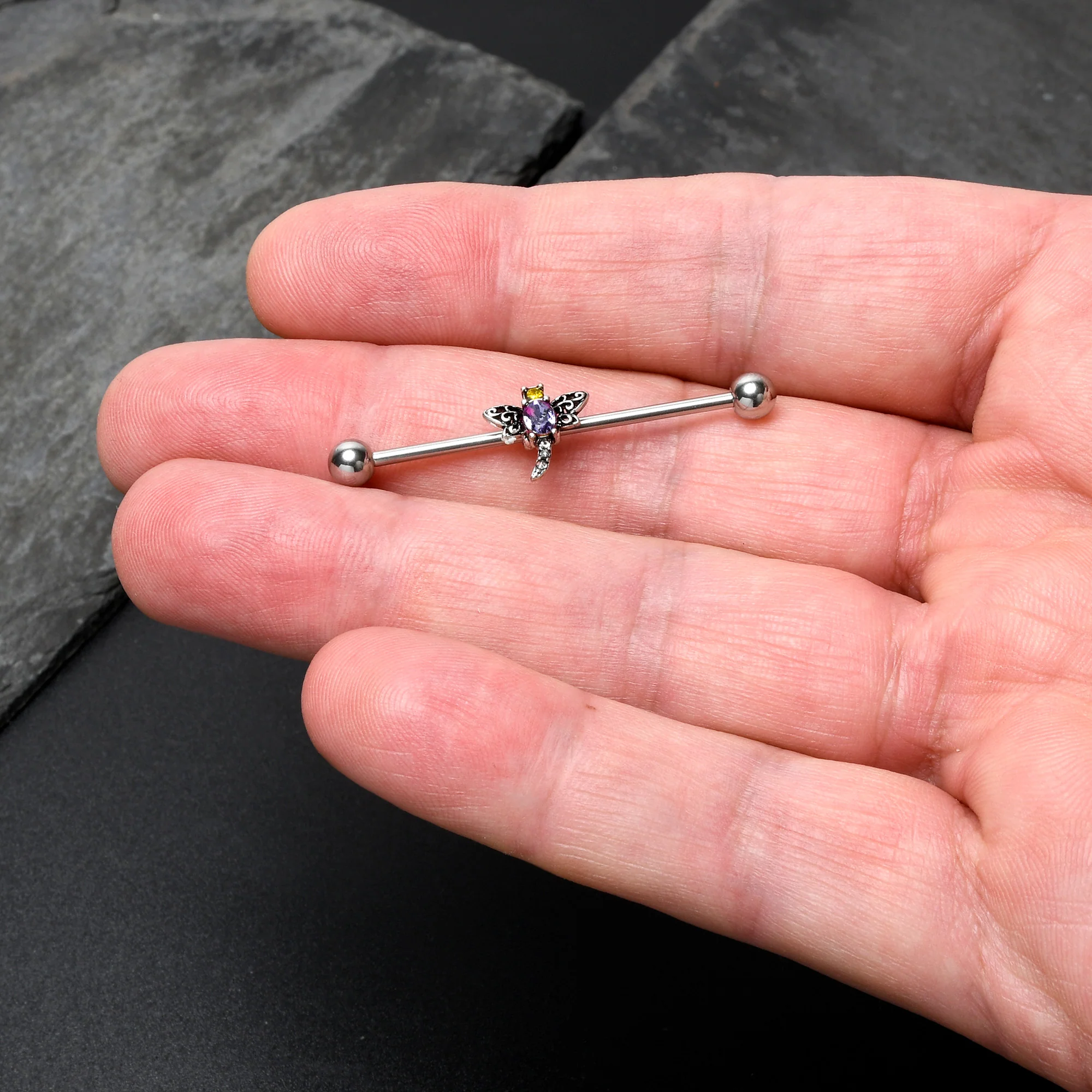 14G Purple Yellow Gem Dragonfly Industrial Barbell 38mm - Image 5
