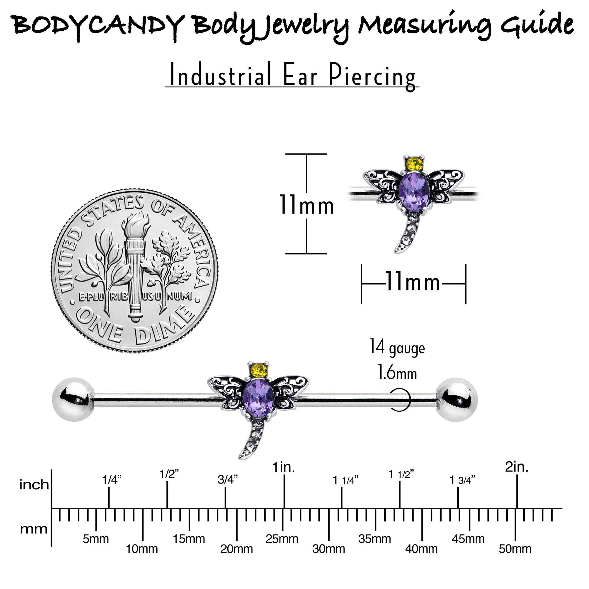 14G Purple Yellow Gem Dragonfly Industrial Barbell 38mm - Image 6