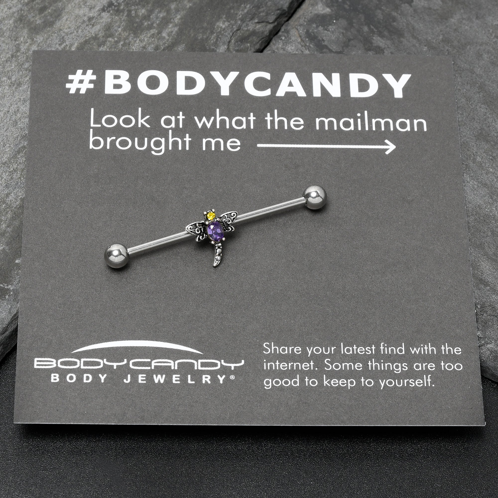 14G Purple Yellow Gem Dragonfly Industrial Barbell 38mm - Image 7