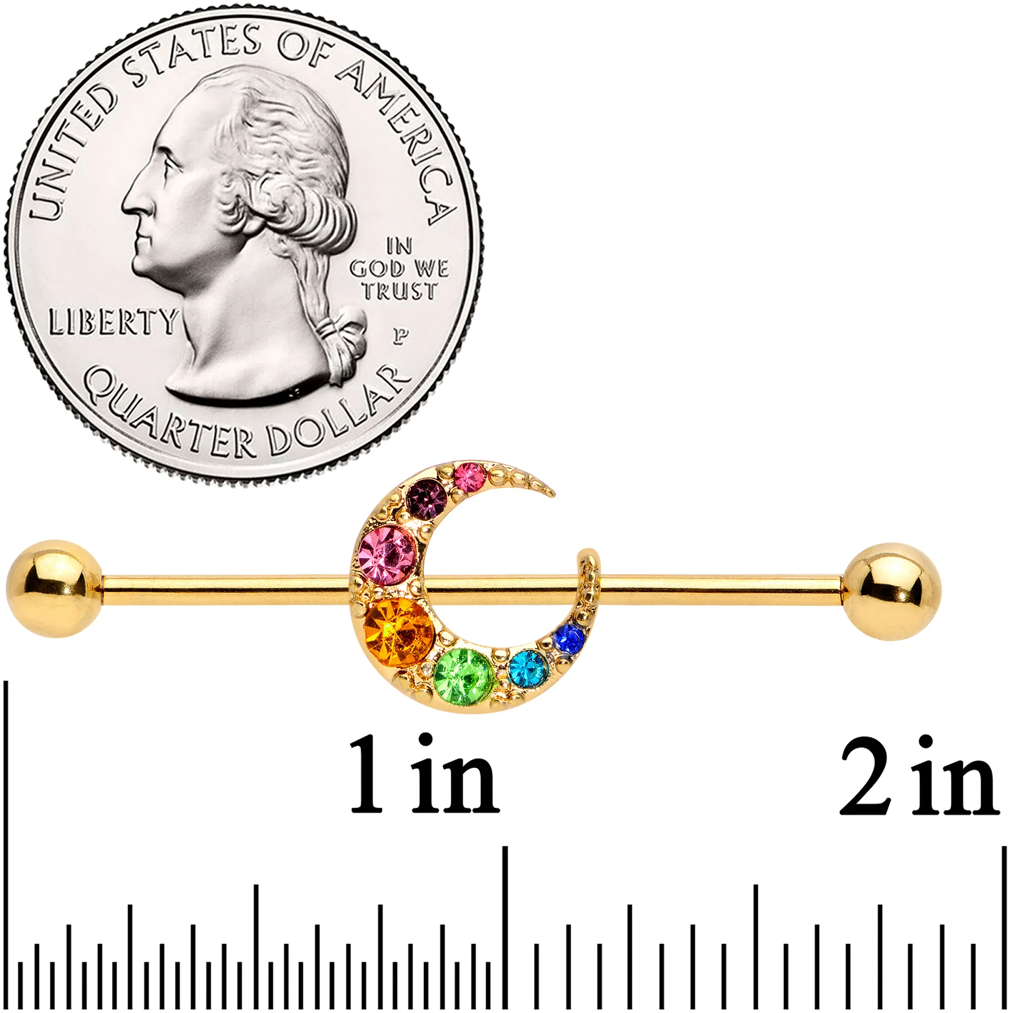 14G Rainbow Gem Gold Tone Crescent Moon Industrial Barbell 38mm - Image 3