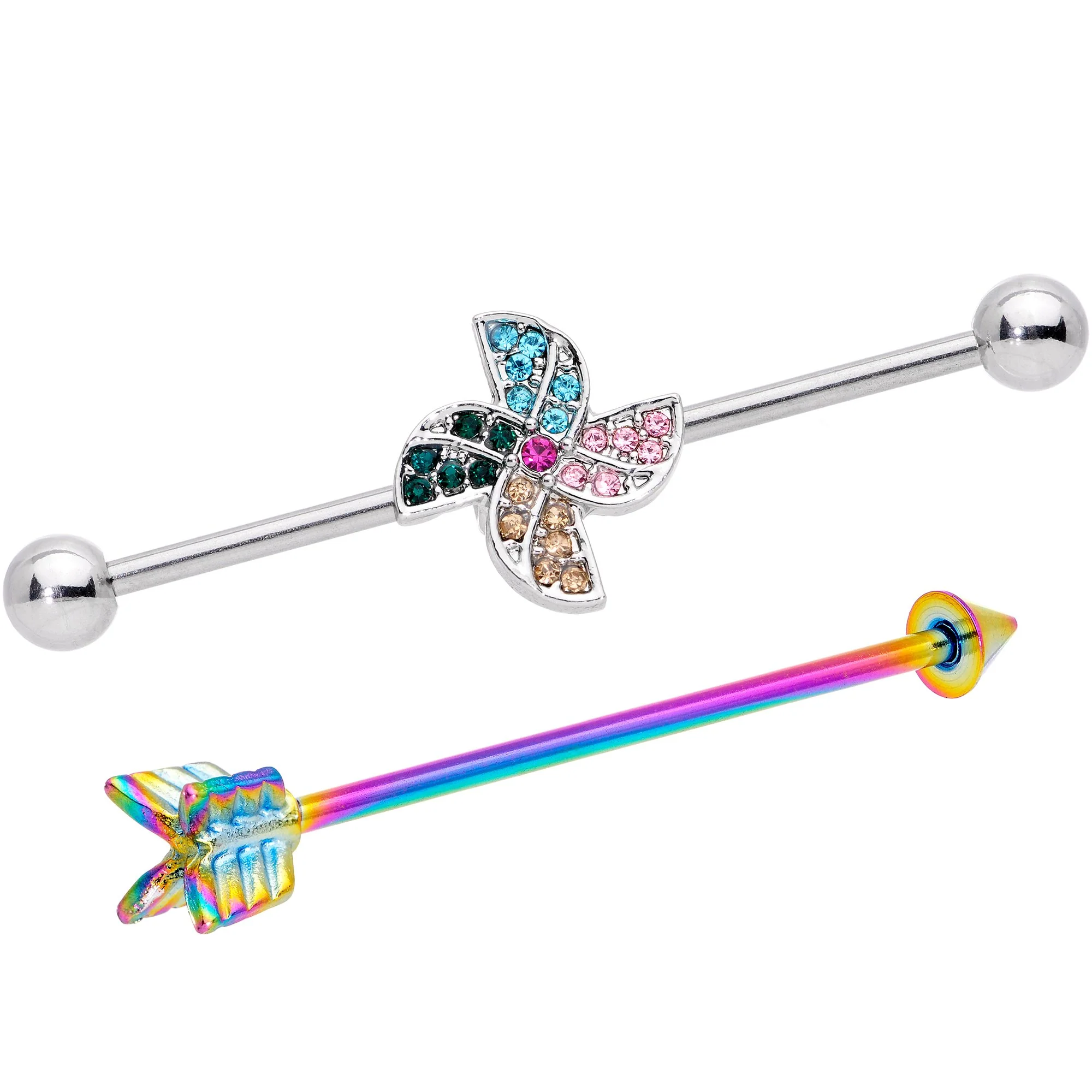 14G Rainbow Gem Pinwheel and Arrow Industrial Barbell Set 38mm - Image 2