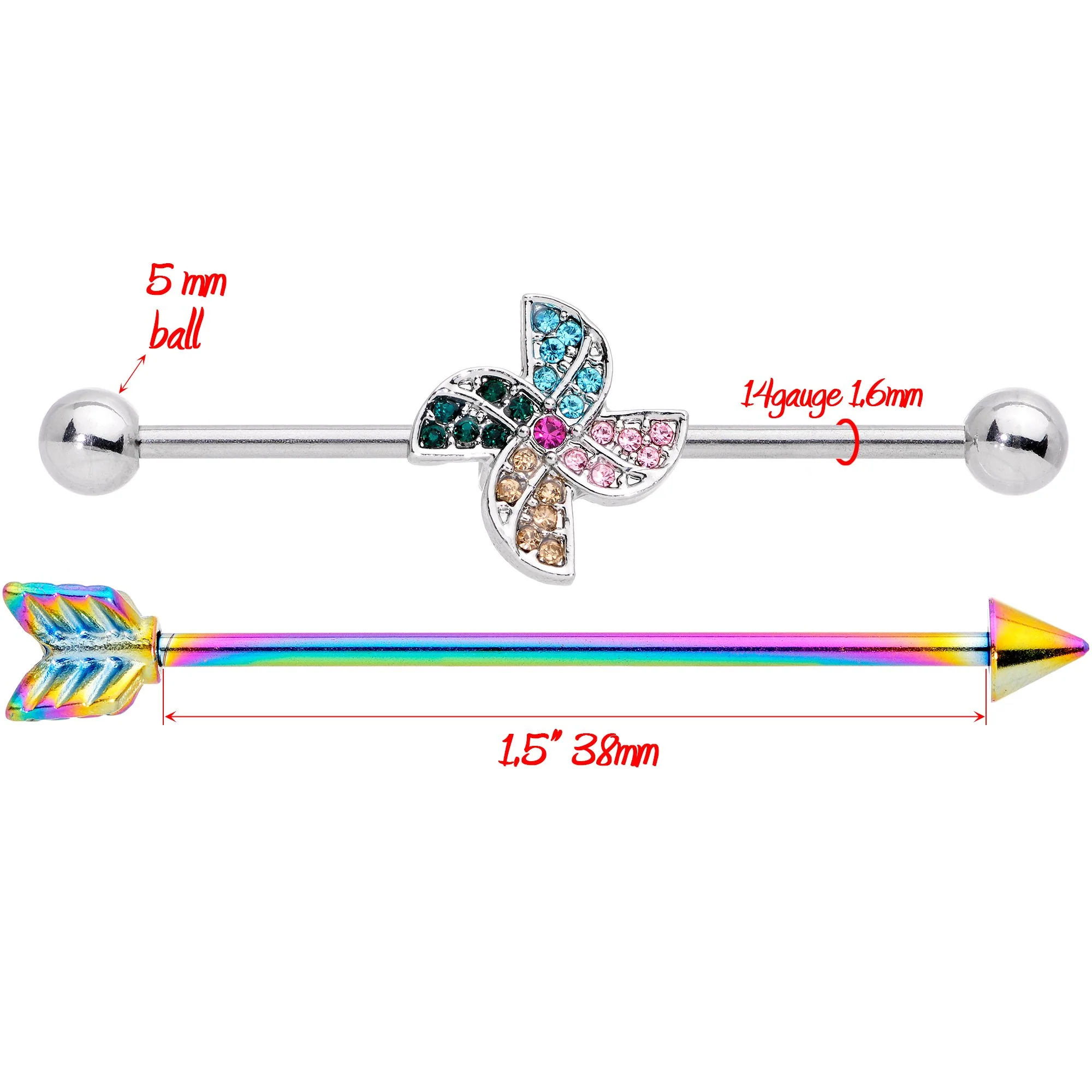 14G Rainbow Gem Pinwheel and Arrow Industrial Barbell Set 38mm - Image 3