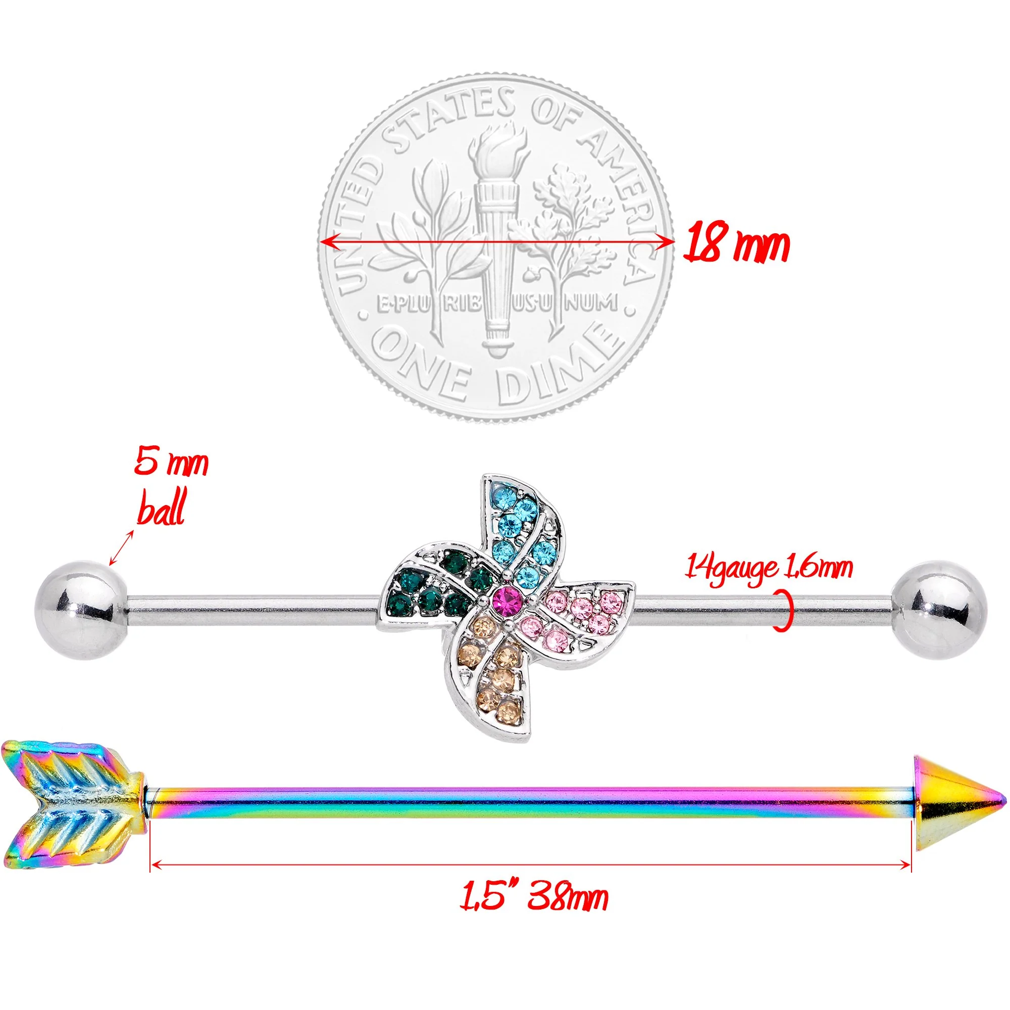 14G Rainbow Gem Pinwheel and Arrow Industrial Barbell Set 38mm - Image 4