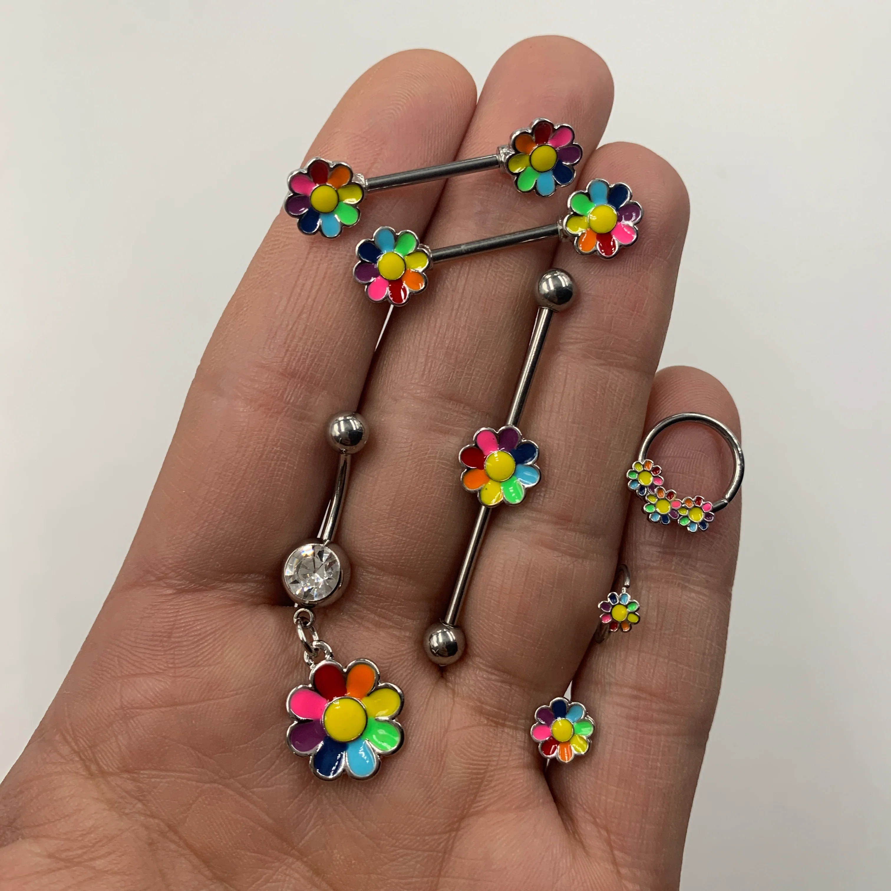 14G Rainbow Hippie Flower Industrial Barbell 38mm - Image 2