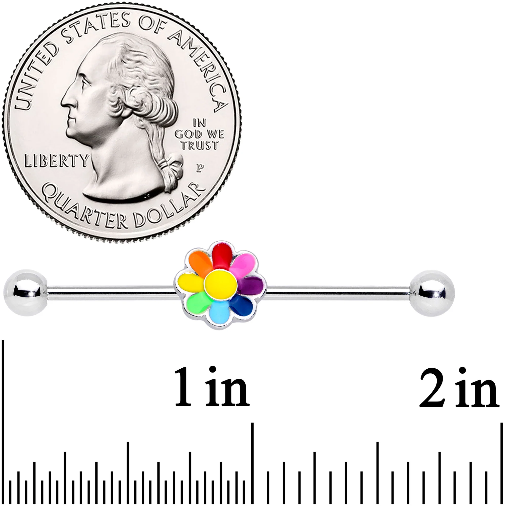 14G Rainbow Hippie Flower Industrial Barbell 38mm - Image 3