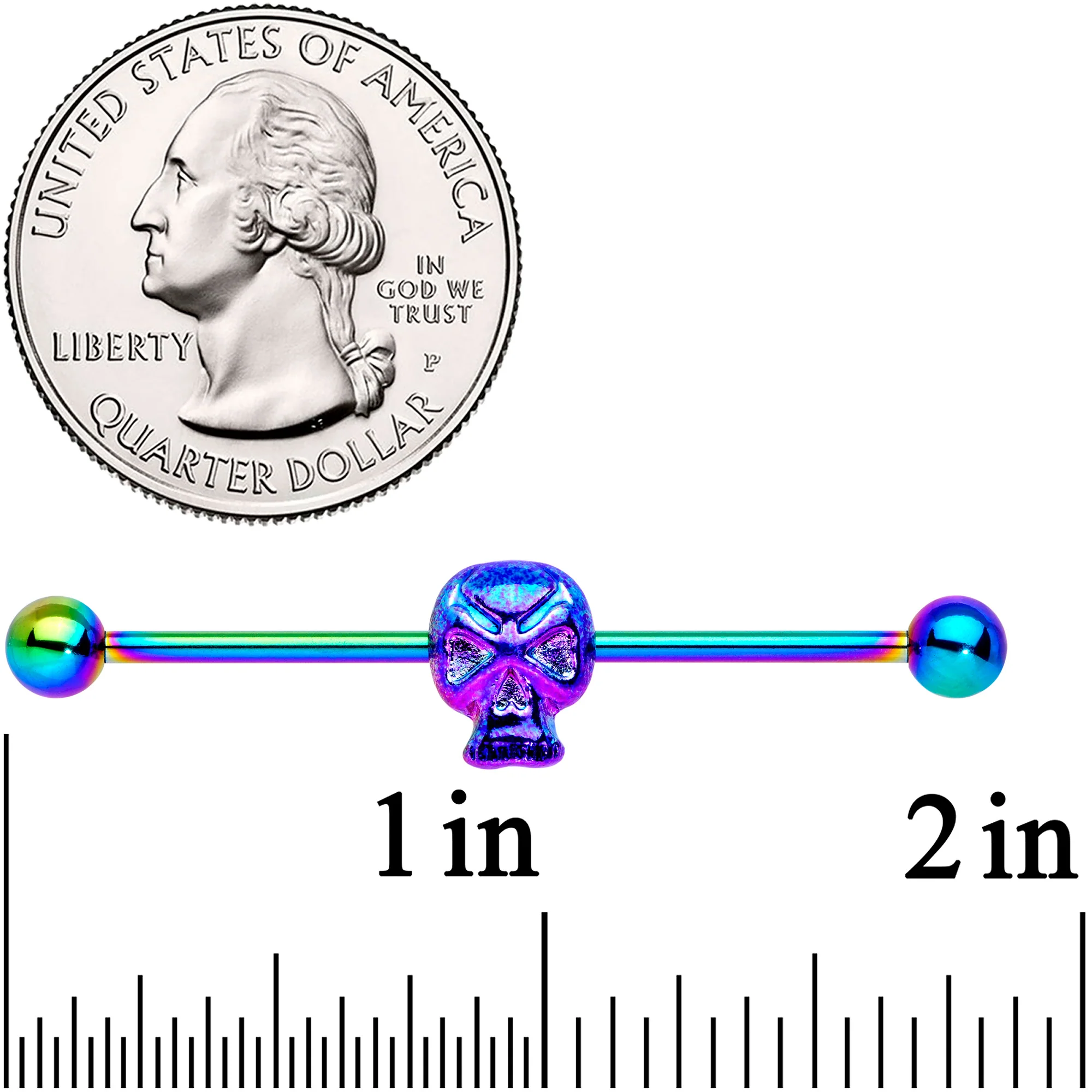 14G Rainbow Plated Scary Skull Industrial Barbell 38mm - Image 2