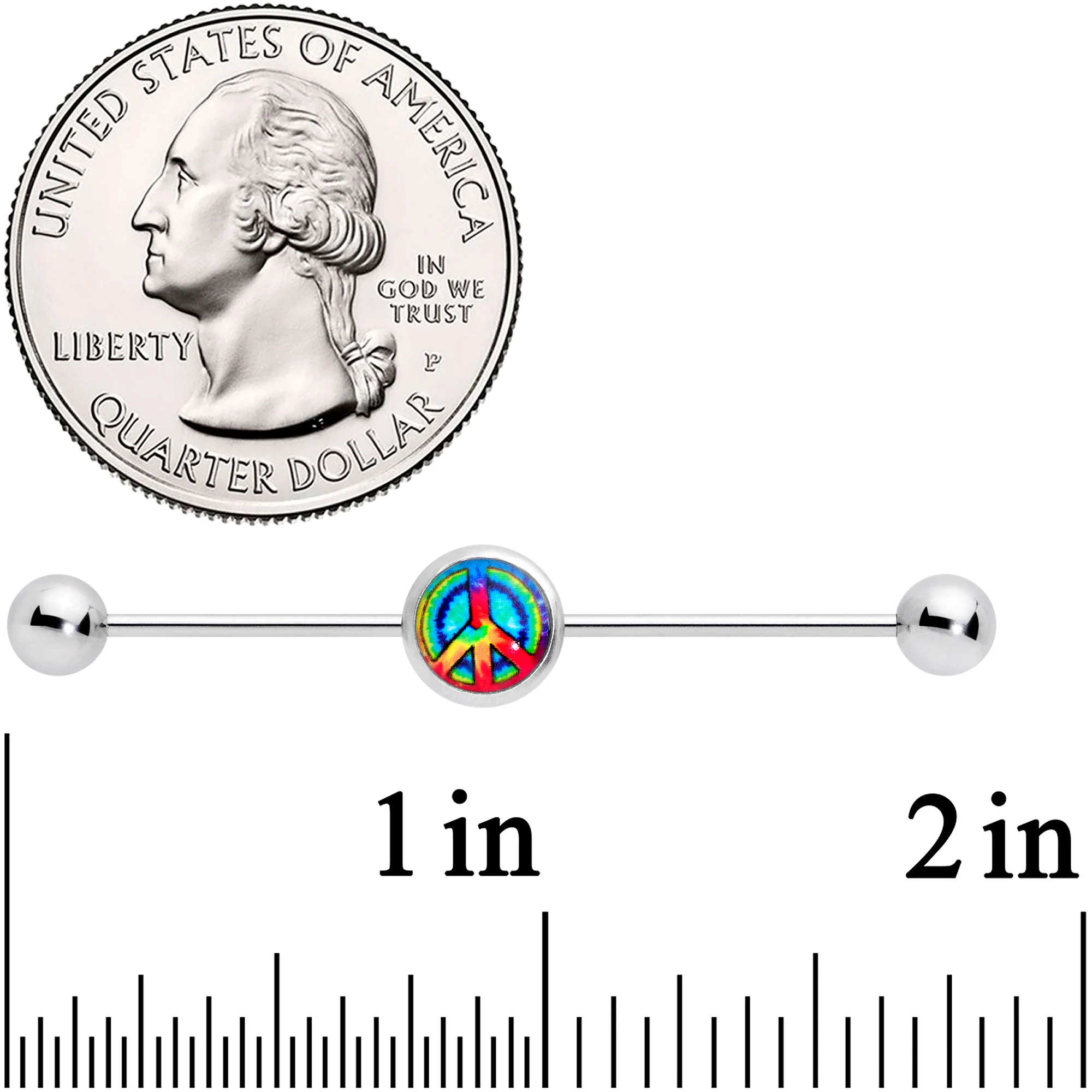 14G Rainbow Tie Dye Peace Sign Industrial Barbell 38mm - Image 2