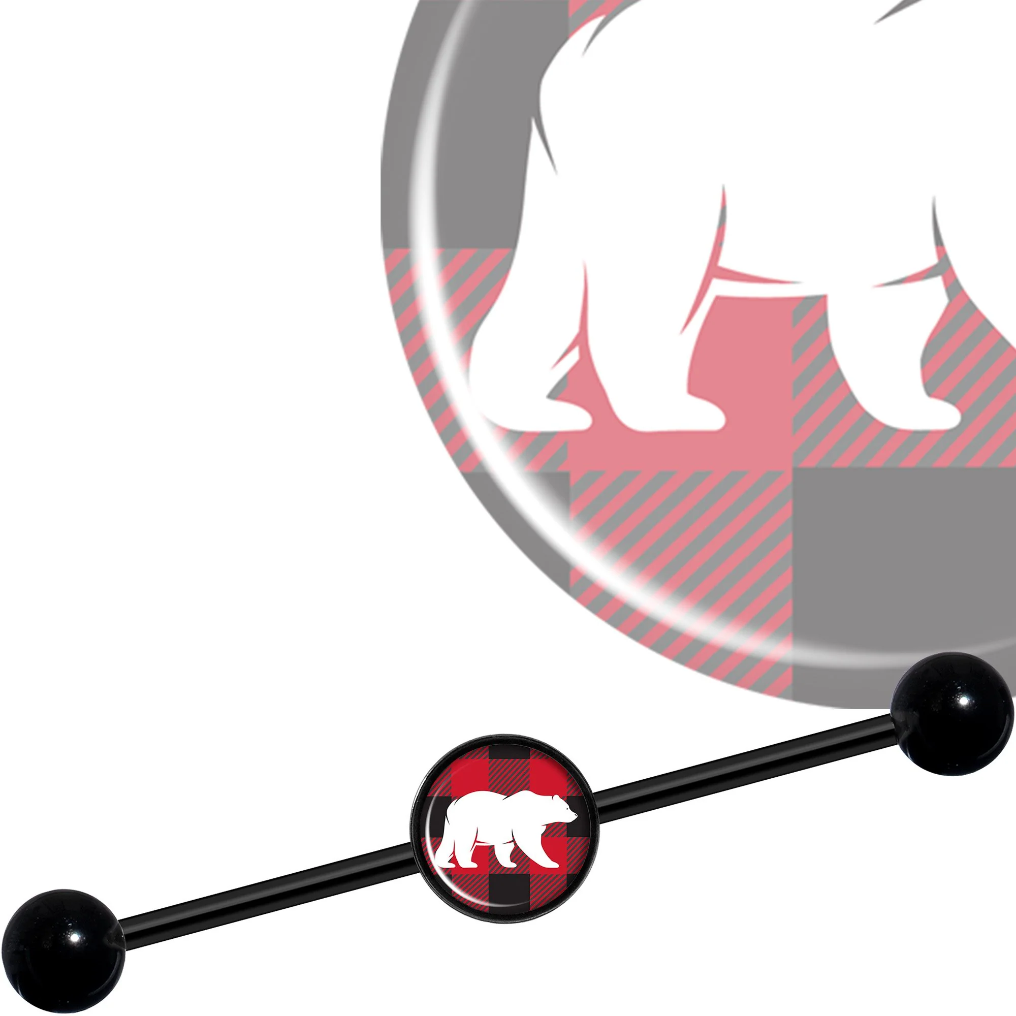 14G Red Black Plaid Polar Bear Black Industrial Barbell 37mm - Image 3
