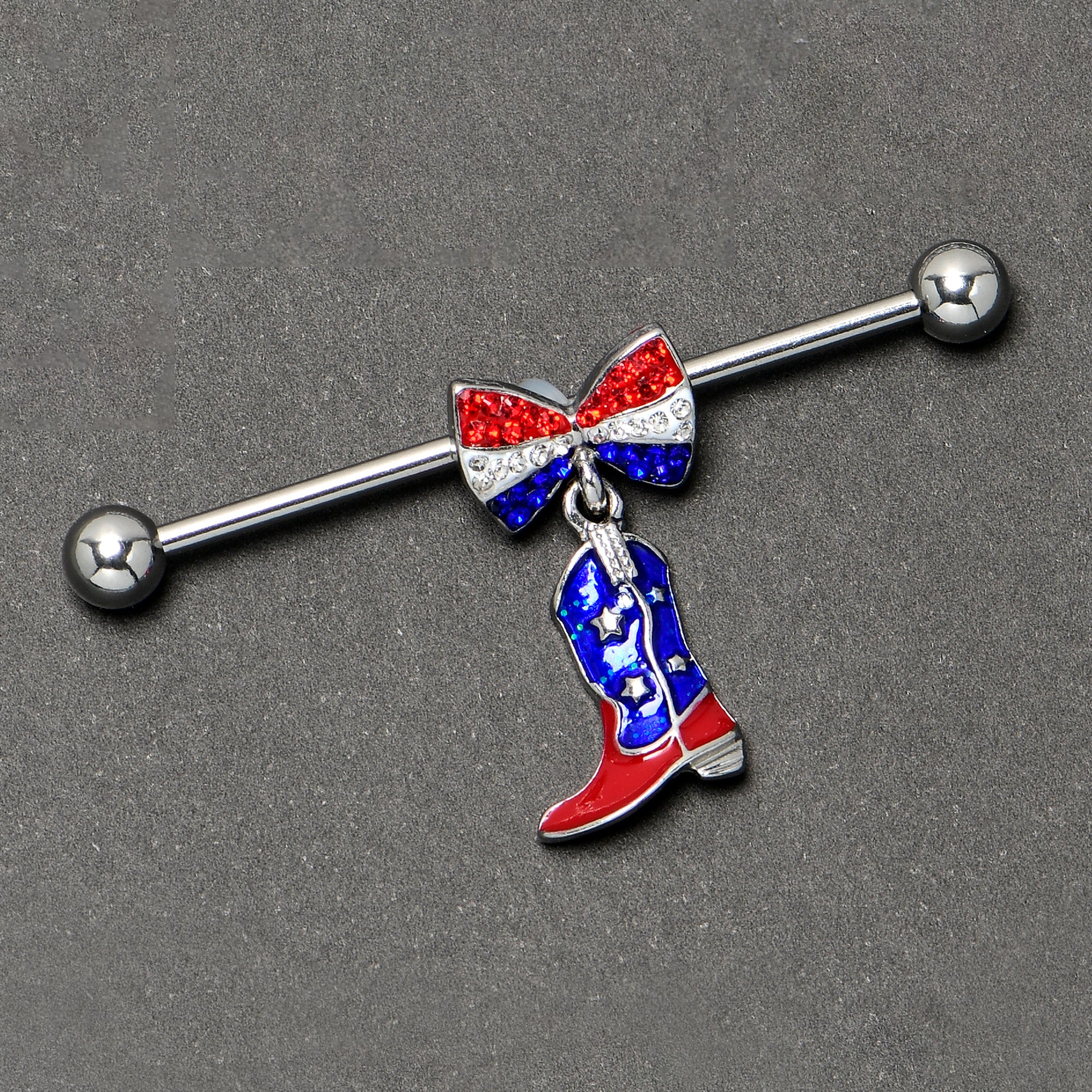 14G Red Blue Gem Bow Cowboy Boot Patriotic Industrial Barbell 38mm - Image 5