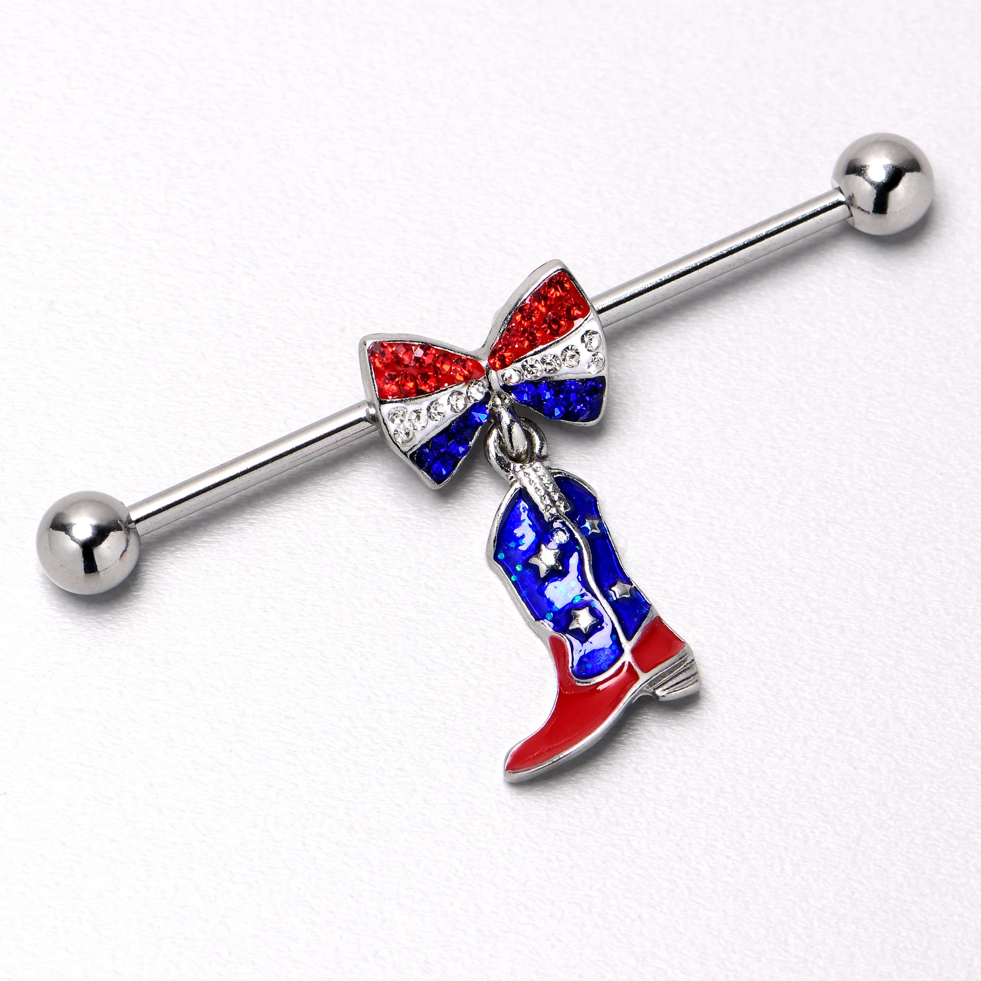 14G Red Blue Gem Bow Cowboy Boot Patriotic Industrial Barbell 38mm - Image 6