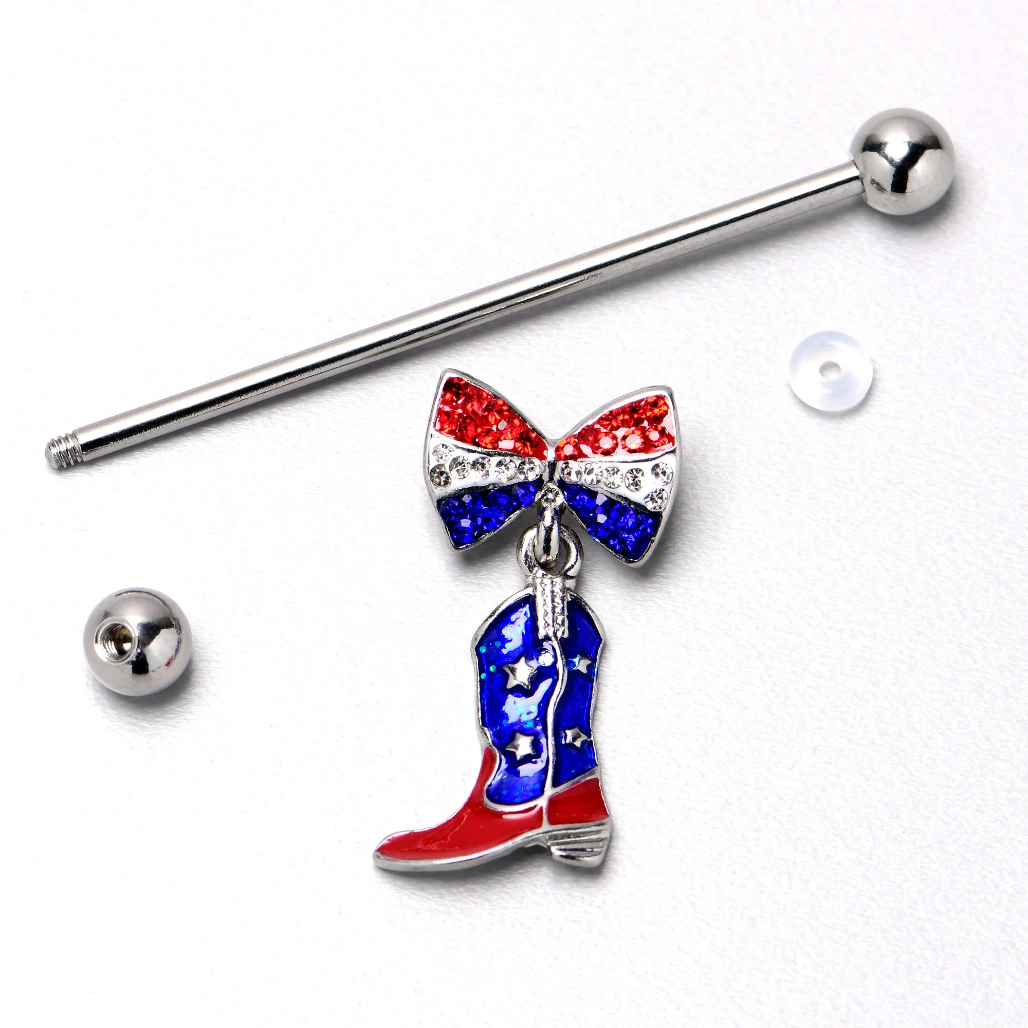 14G Red Blue Gem Bow Cowboy Boot Patriotic Industrial Barbell 38mm - Image 7