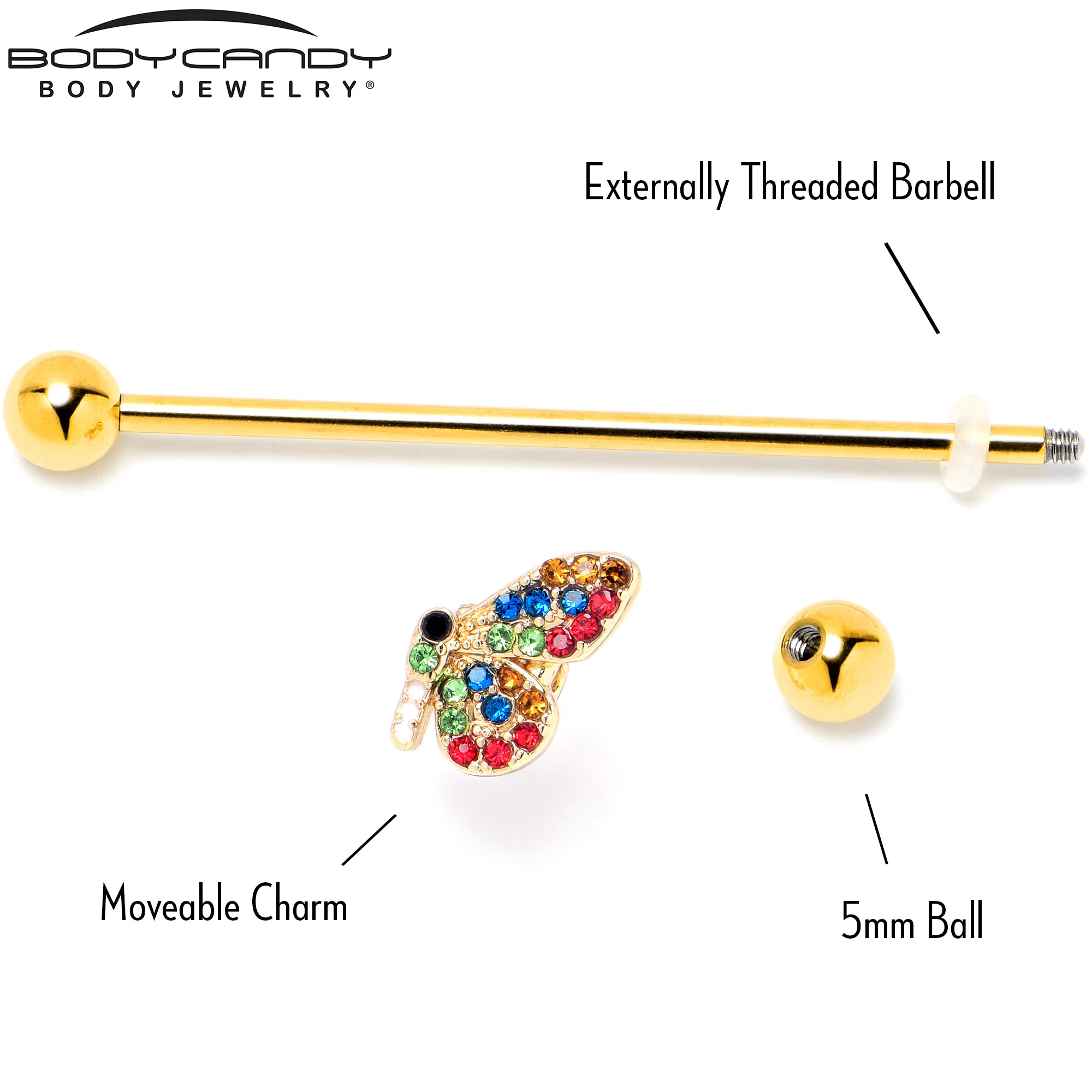 14G Red Blue Gem Gold Tone Butterfly Industrial Barbell 38mm - Image 5