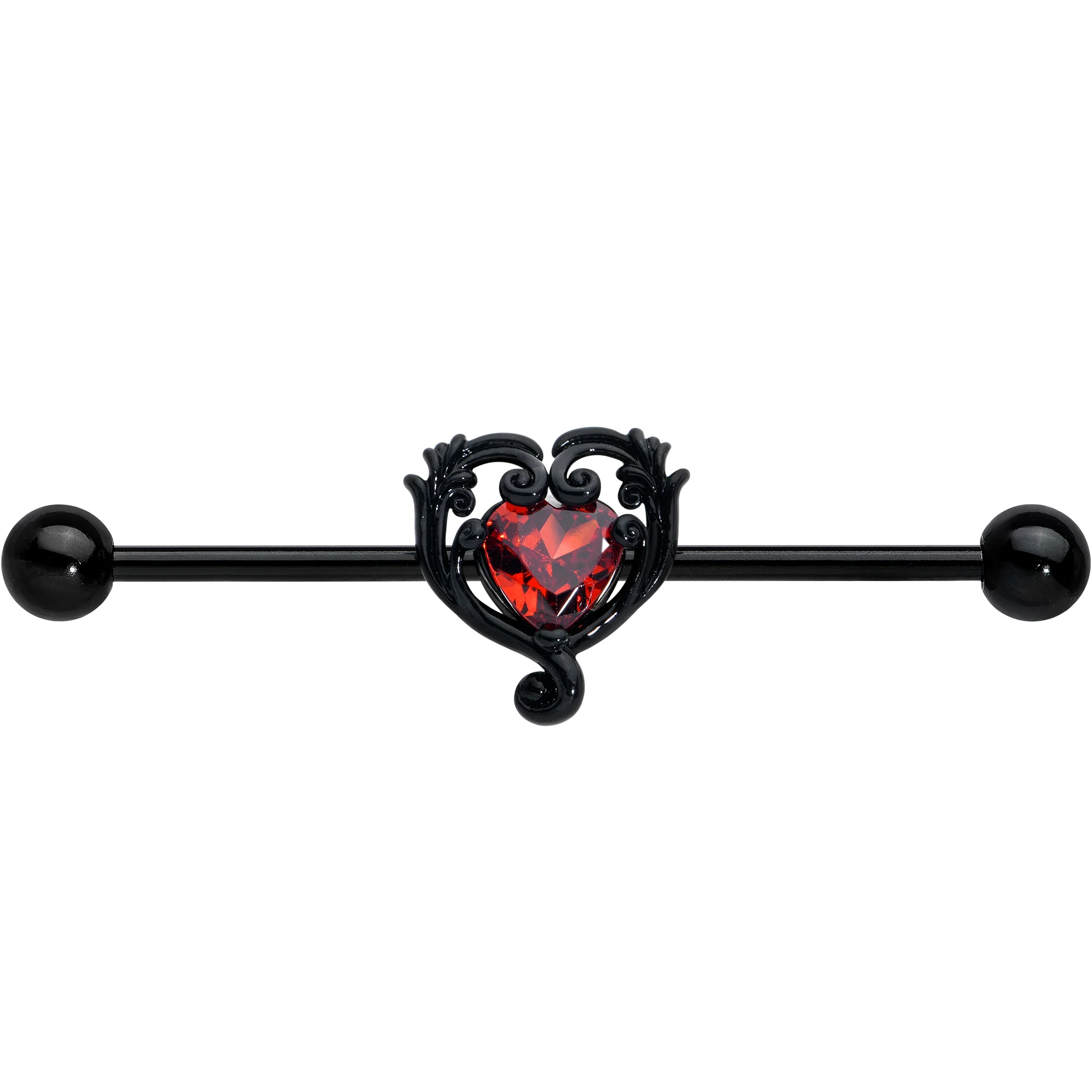 14G Red CZ Gem Black Passion Heart Industrial Barbell 38mm - Image 2