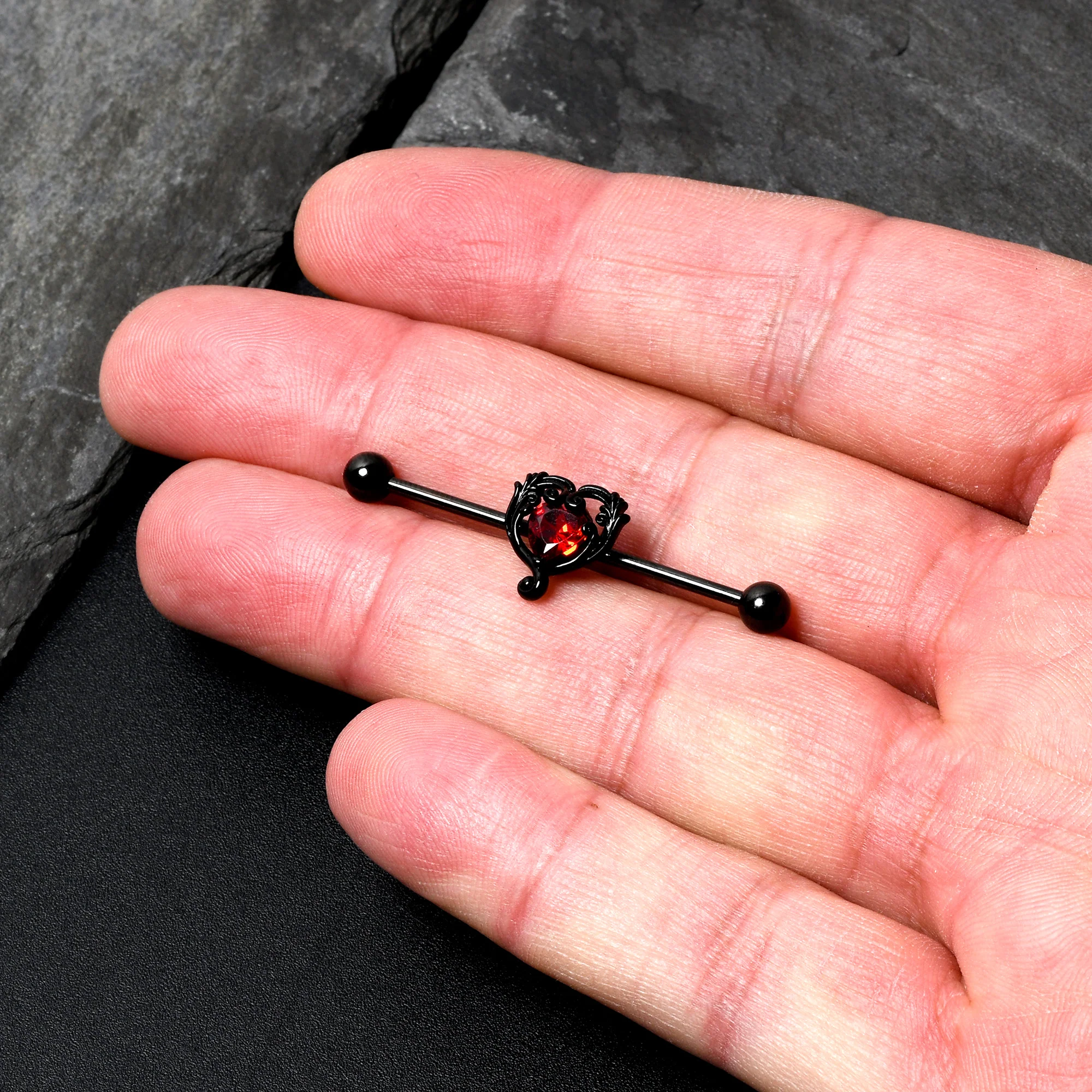 14G Red CZ Gem Black Passion Heart Industrial Barbell 38mm - Image 3