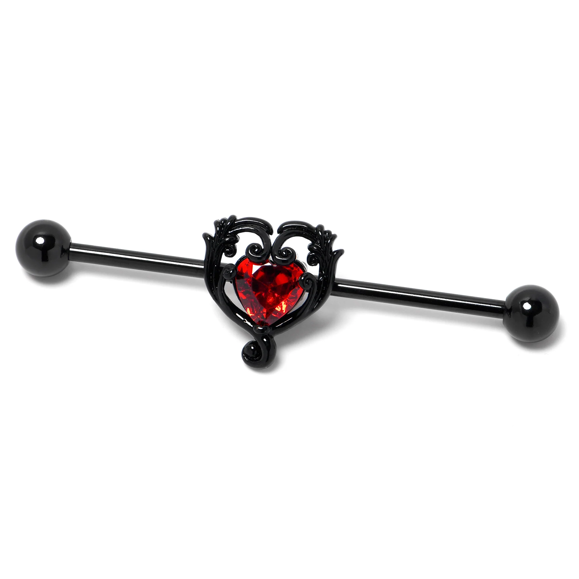 14G Red CZ Gem Black Passion Heart Industrial Barbell 38mm - Image 4