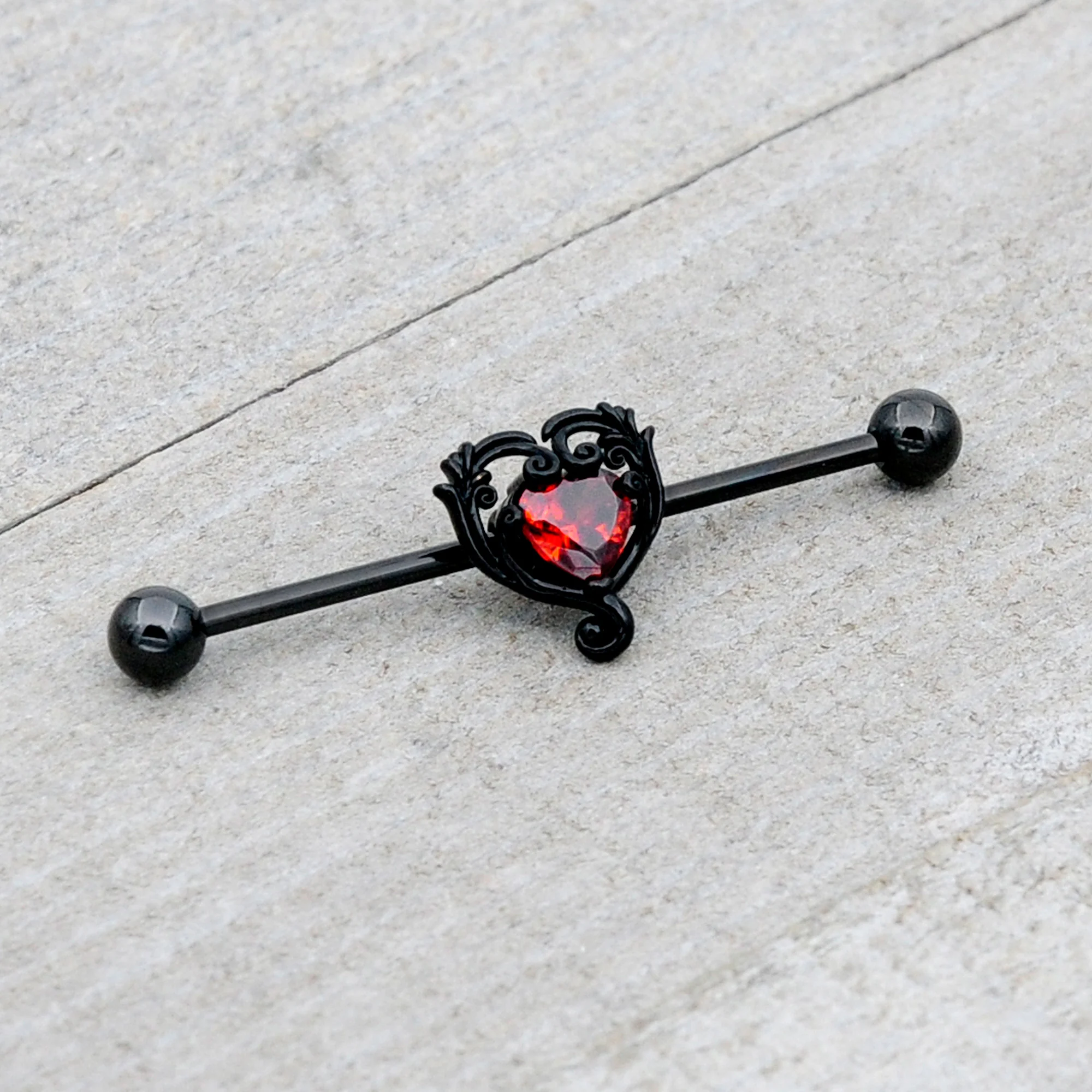 14G Red CZ Gem Black Passion Heart Industrial Barbell 38mm - Image 6