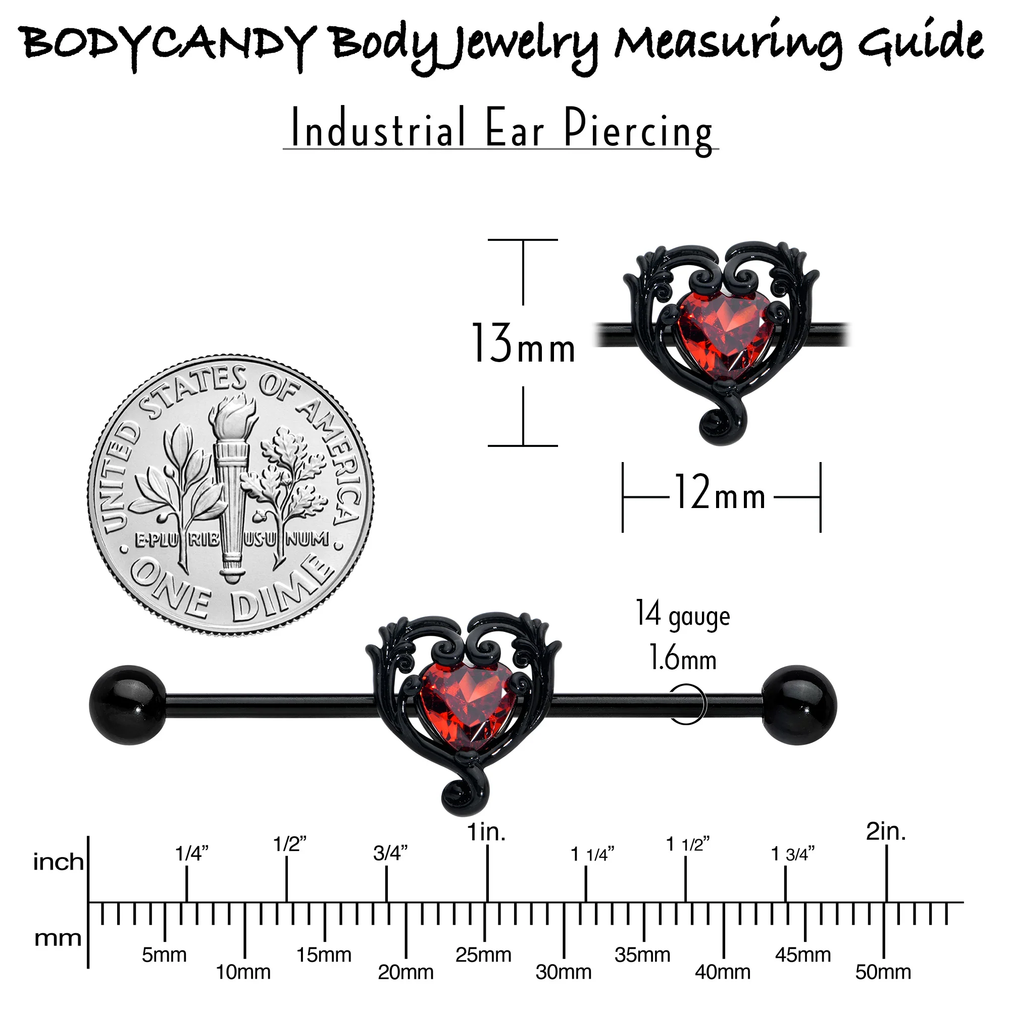 14G Red CZ Gem Black Passion Heart Industrial Barbell 38mm - Image 7