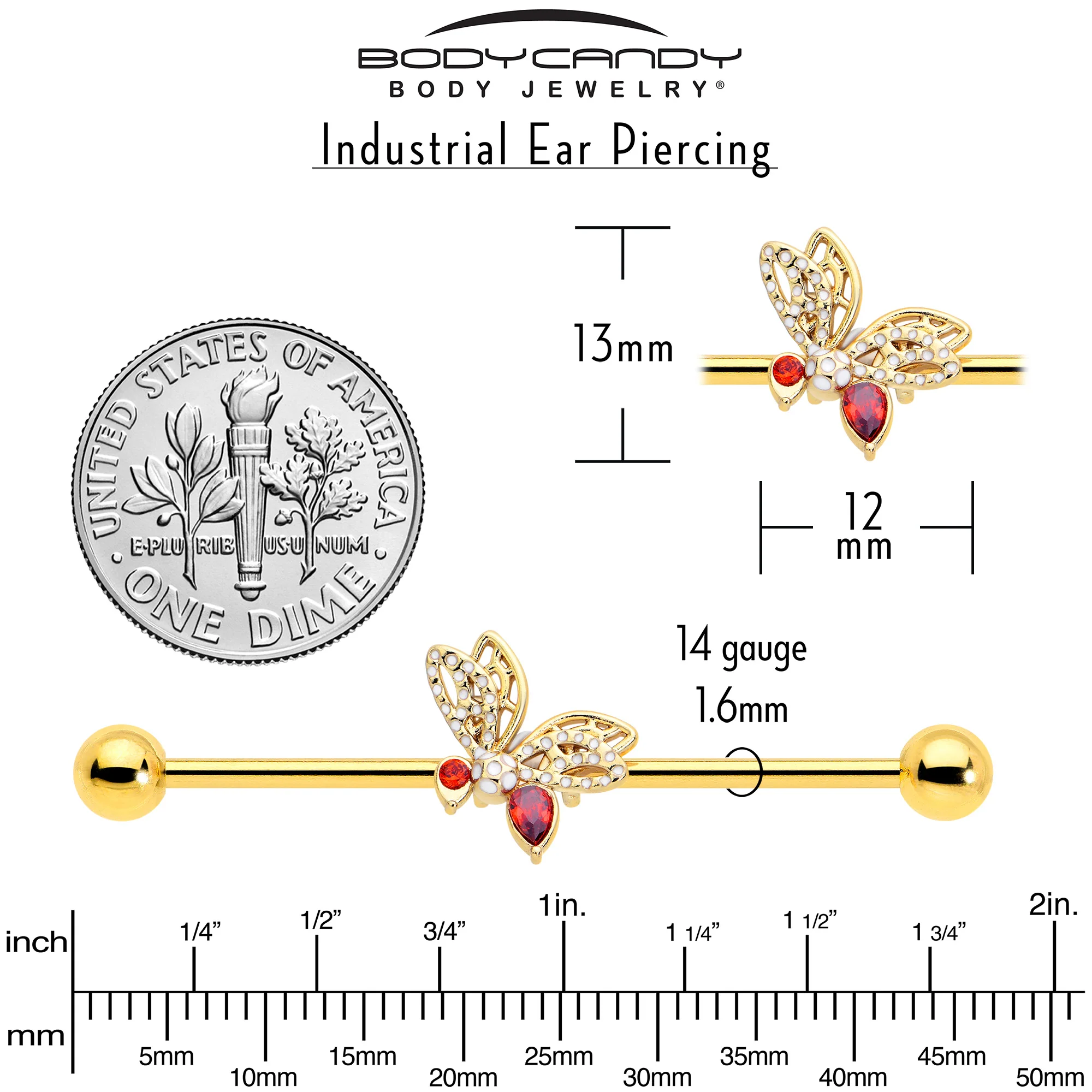 14G Red CZ Gem Gold Tone Drama Butterfly Industrial Barbell 38mm - Image 5