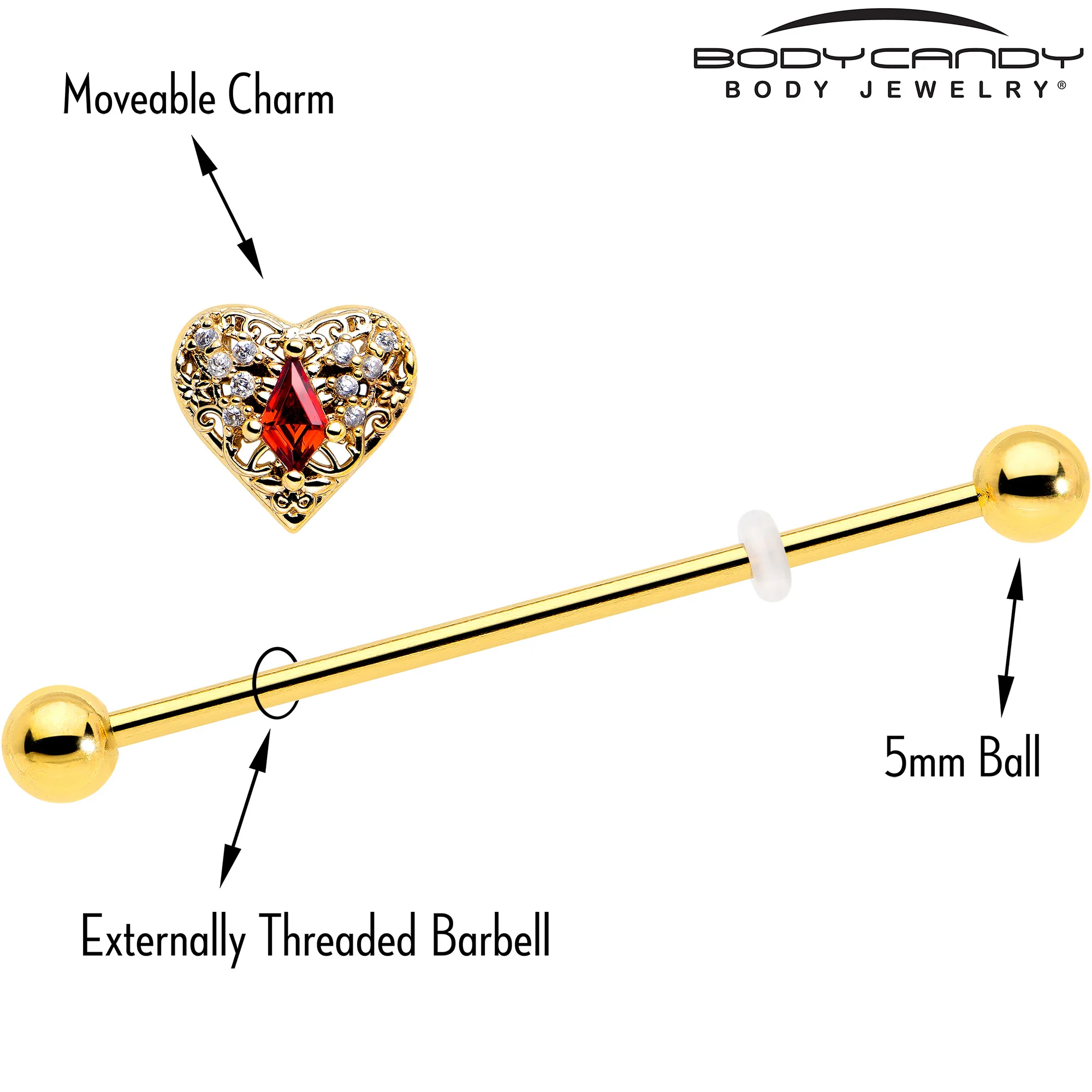 14G Red CZ Gem Gold Tone Heart Queen Industrial Barbell 38mm - Image 4