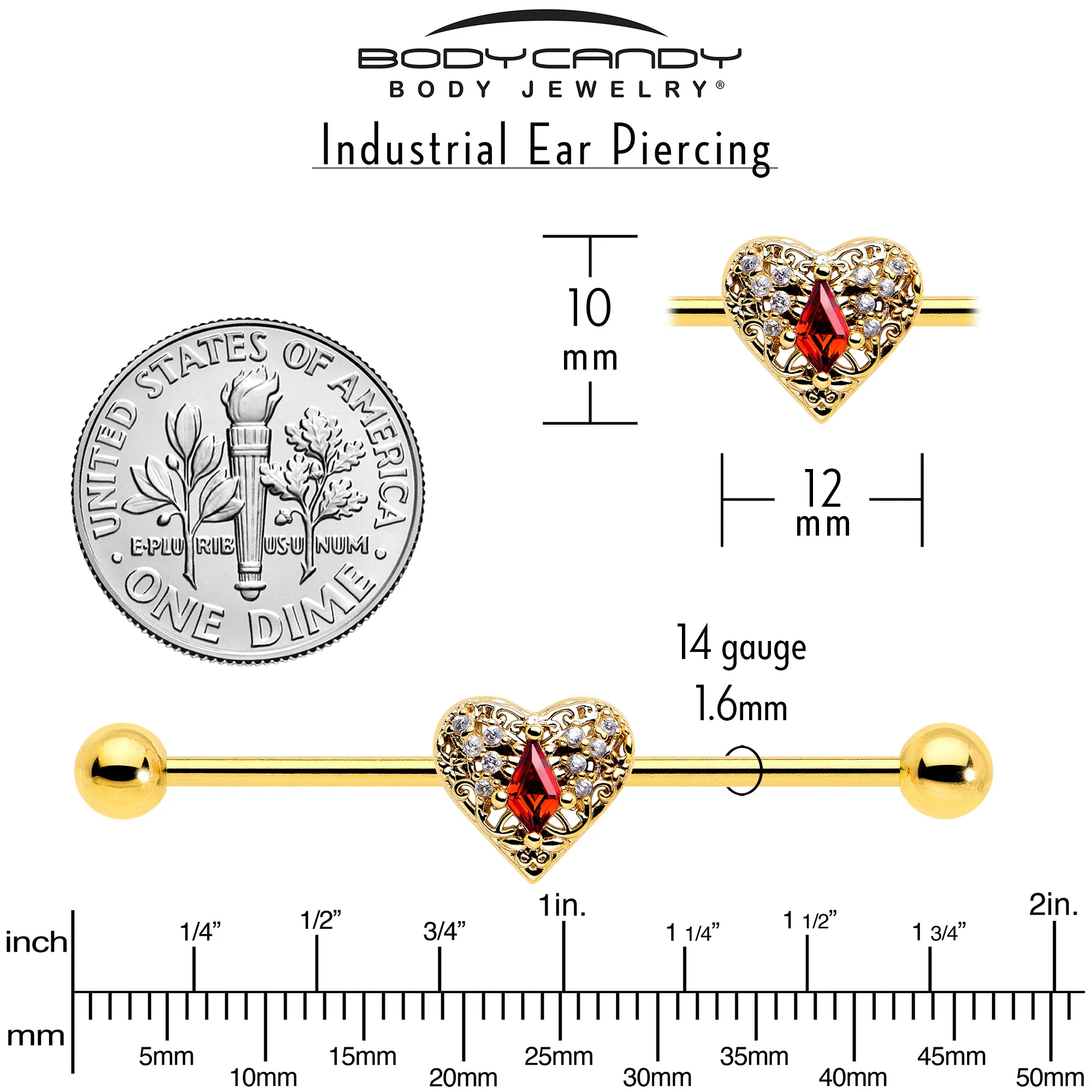14G Red CZ Gem Gold Tone Heart Queen Industrial Barbell 38mm - Image 5