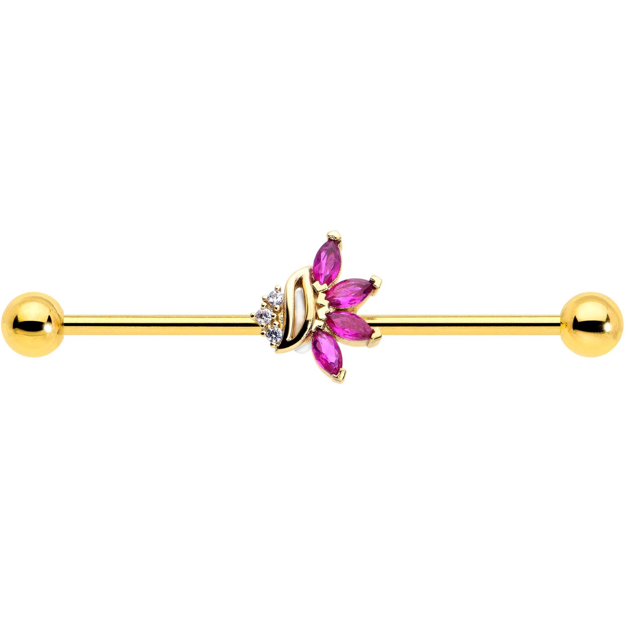 14G Red CZ Gem Gold Tone Swirl Fan Industrial Barbell 38mm - Image 2