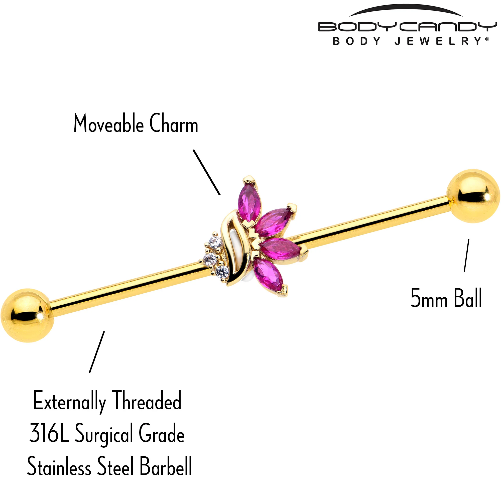14G Red CZ Gem Gold Tone Swirl Fan Industrial Barbell 38mm - Image 3