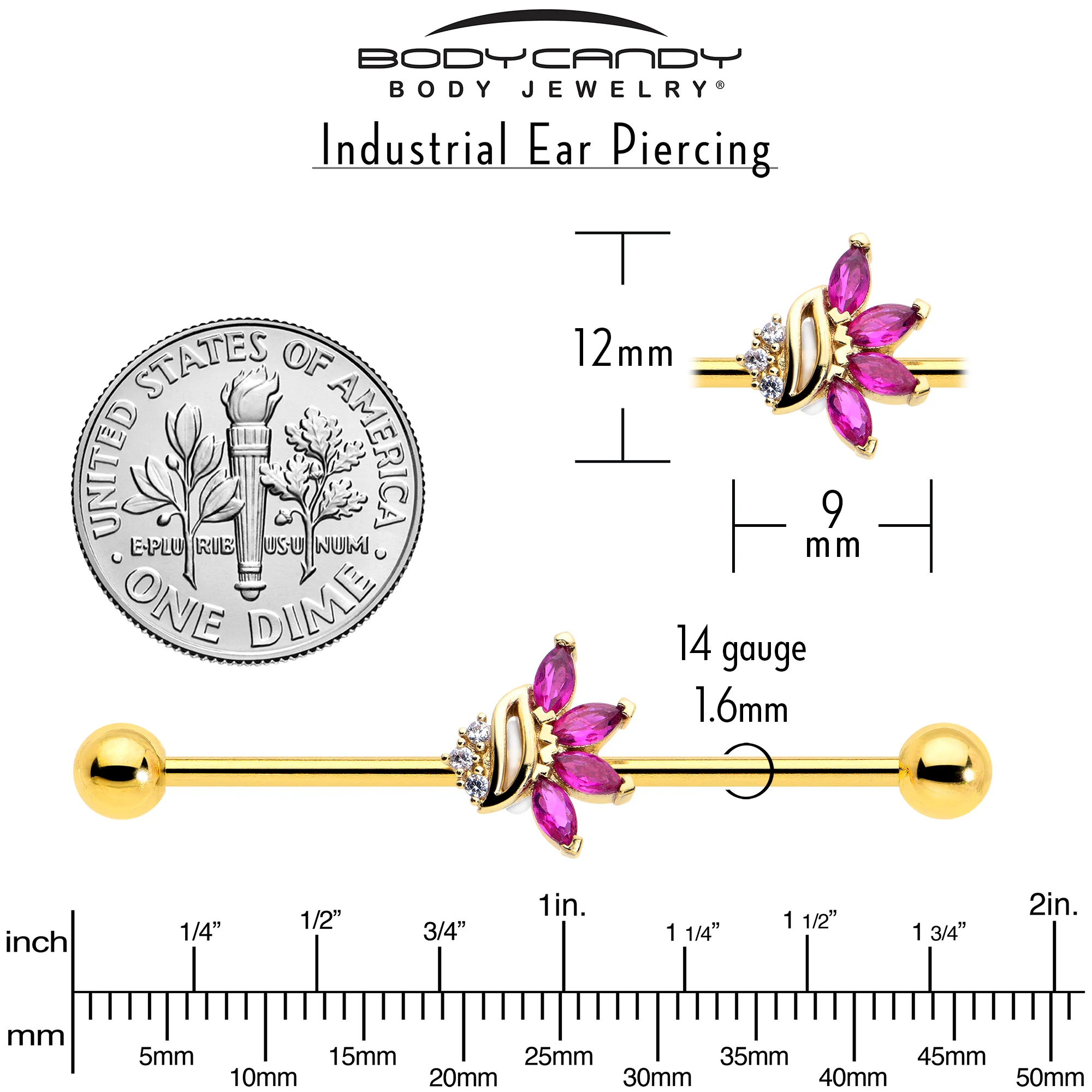 14G Red CZ Gem Gold Tone Swirl Fan Industrial Barbell 38mm - Image 4