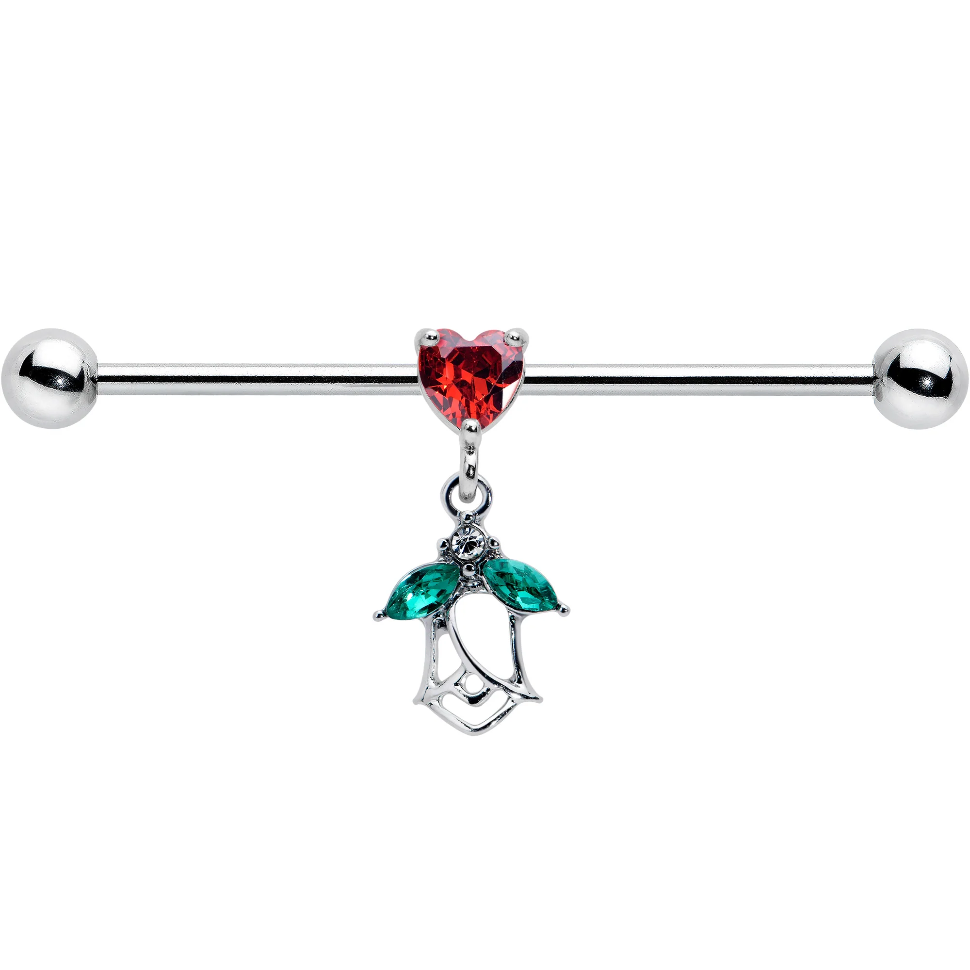 14G Red CZ Gem Heart And Rose Dangle Industrial Barbell 38mm - Image 2