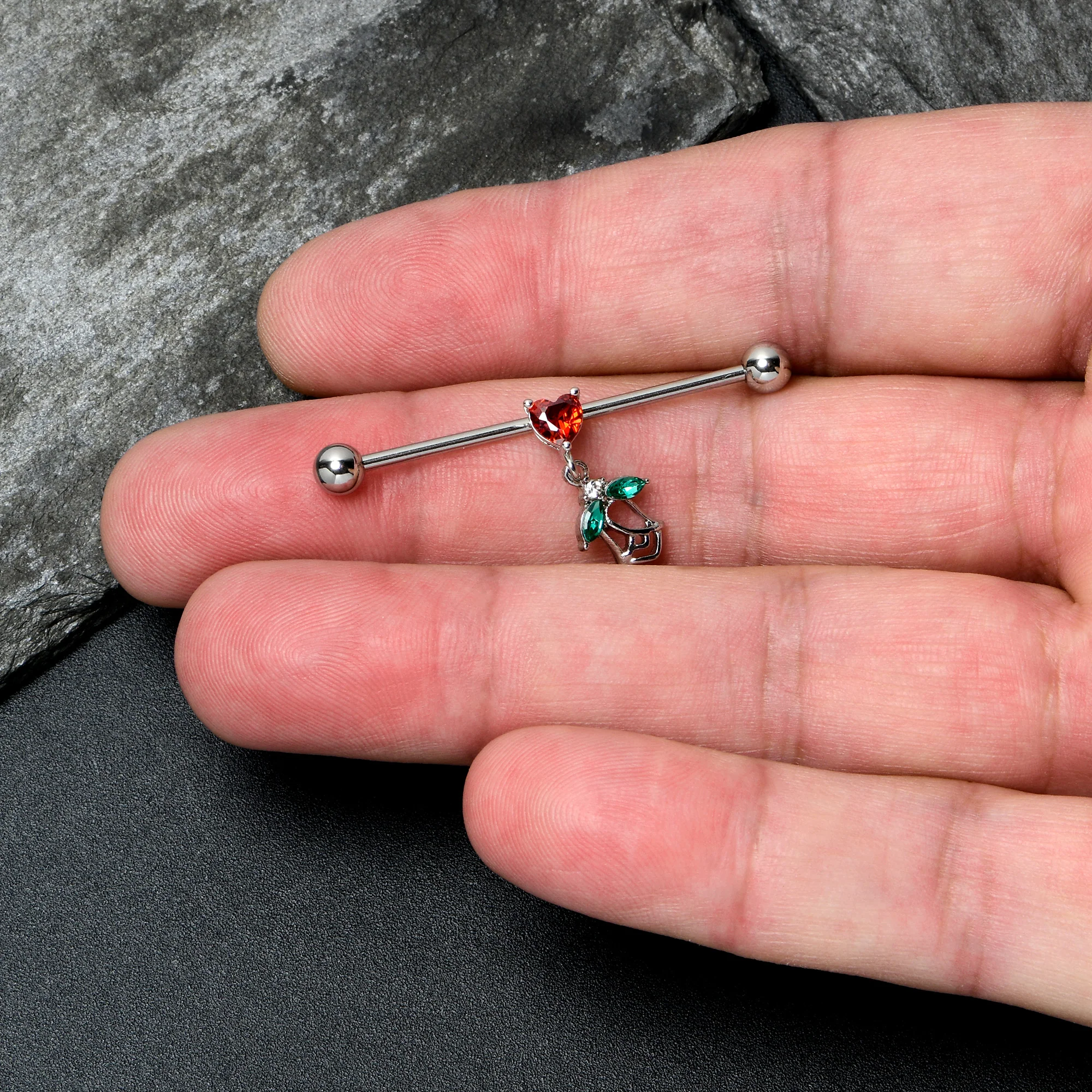 14G Red CZ Gem Heart And Rose Dangle Industrial Barbell 38mm - Image 3