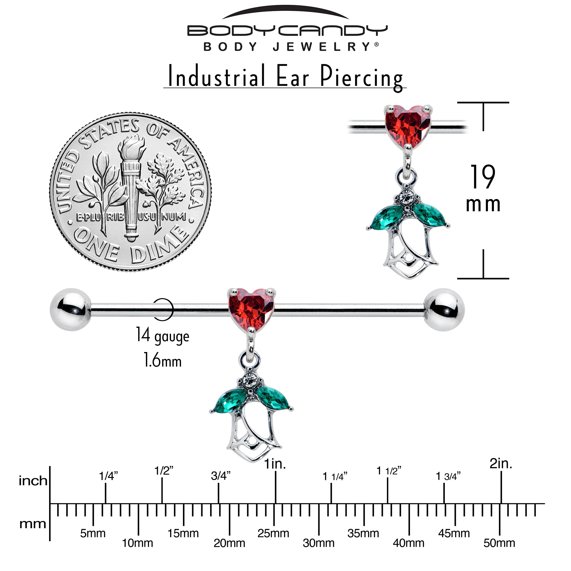 14G Red CZ Gem Heart And Rose Dangle Industrial Barbell 38mm - Image 4