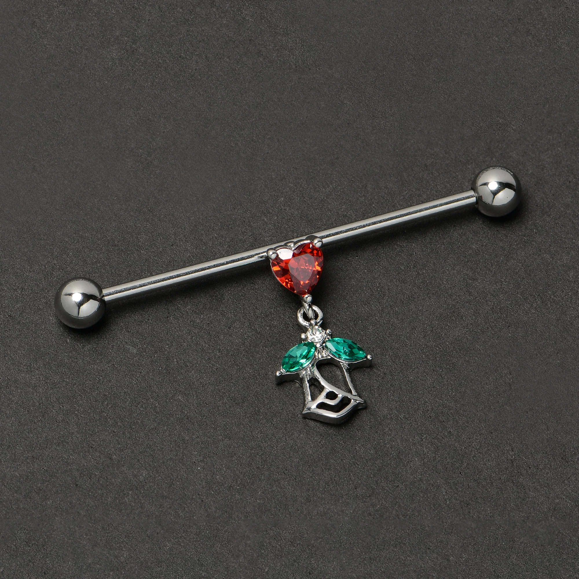 14G Red CZ Gem Heart And Rose Dangle Industrial Barbell 38mm - Image 5